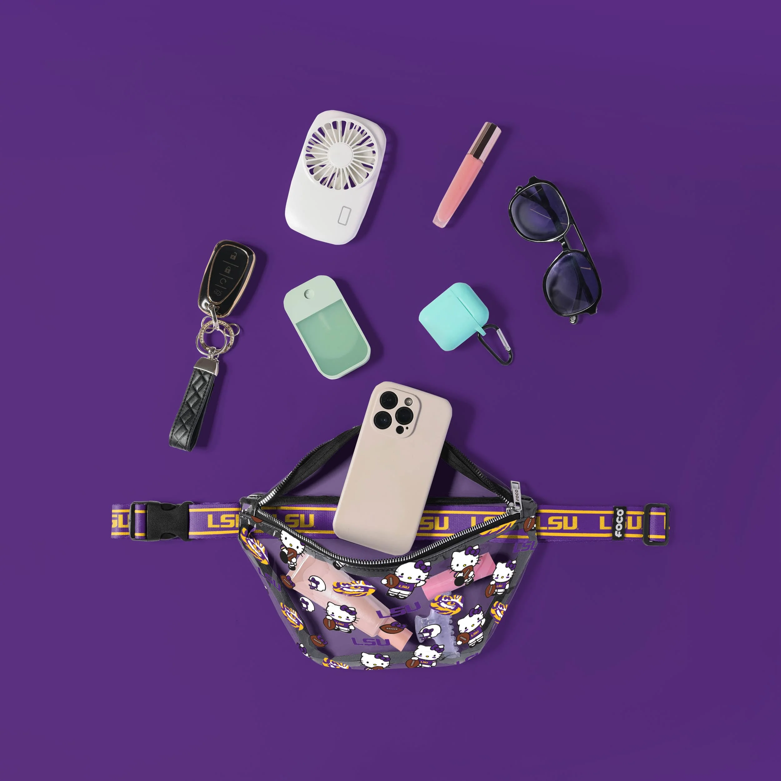 LSU Tigers NCAA Hello Kitty® Clear Fanny Pack (PREORDER - SHIPS MID JULY) - Image 3