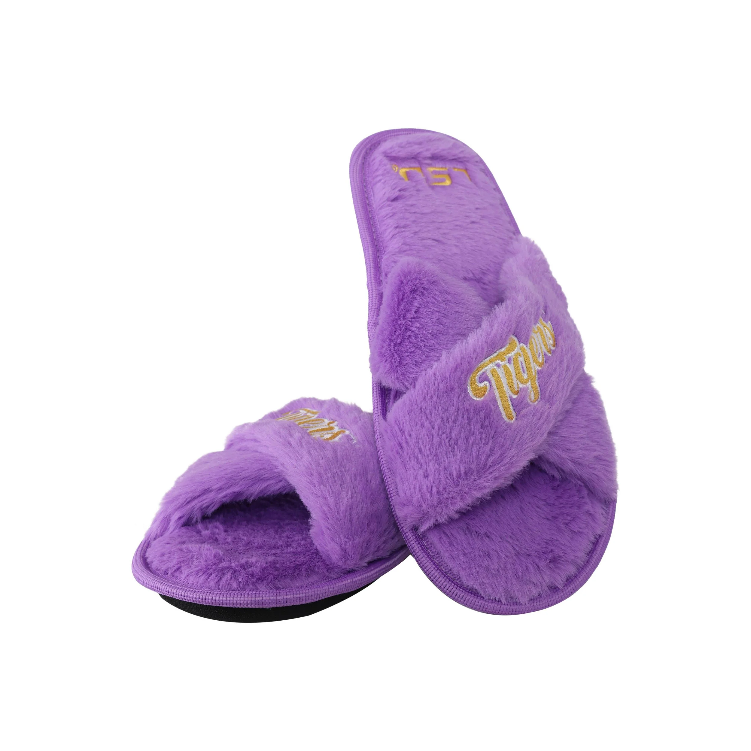 LSU Tigers NCAA Womens Script Wordmark Fur Cross Slide