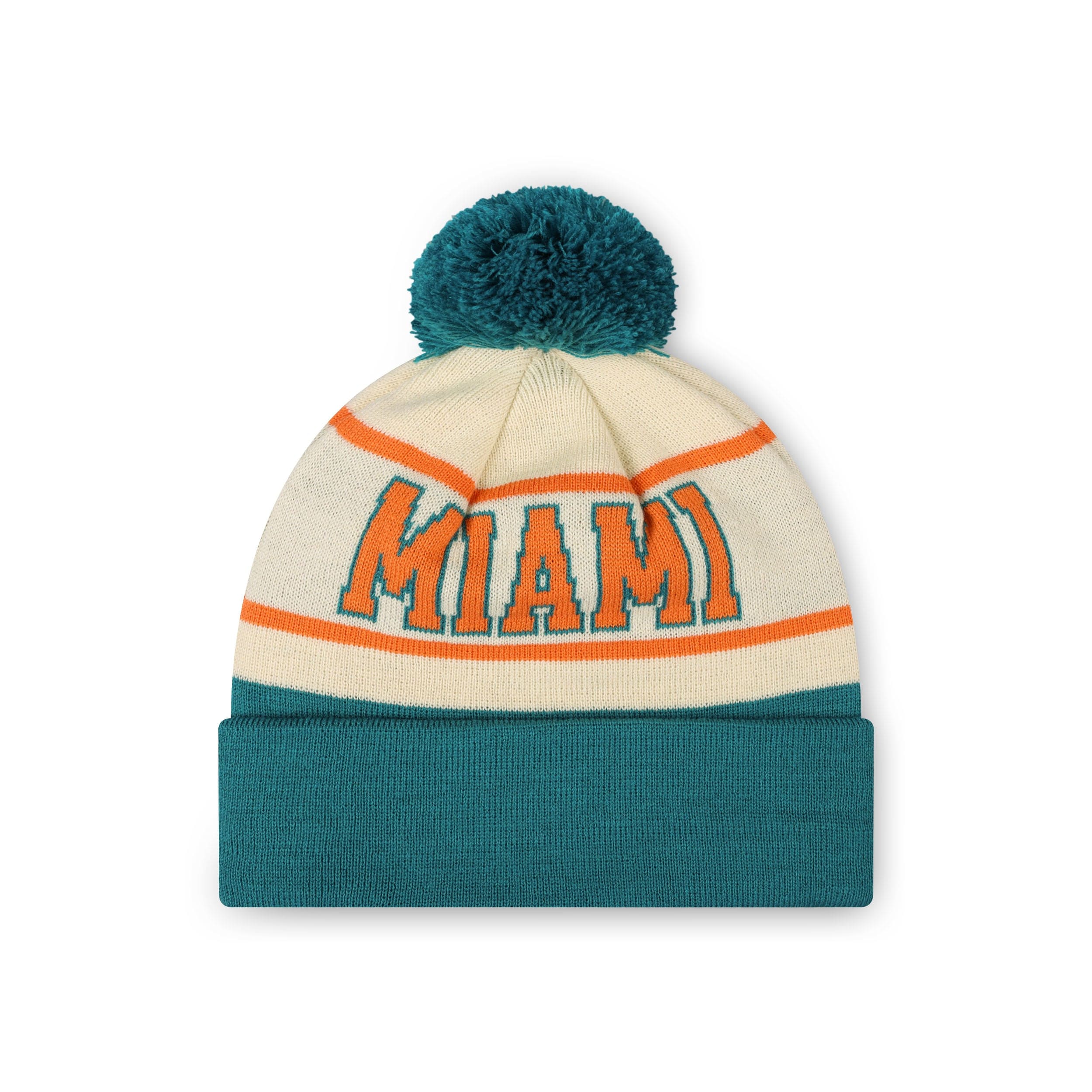 Miami Dolphins NFL Cream Heritage Stripe Retro Logo Pom Beanie - Image 2
