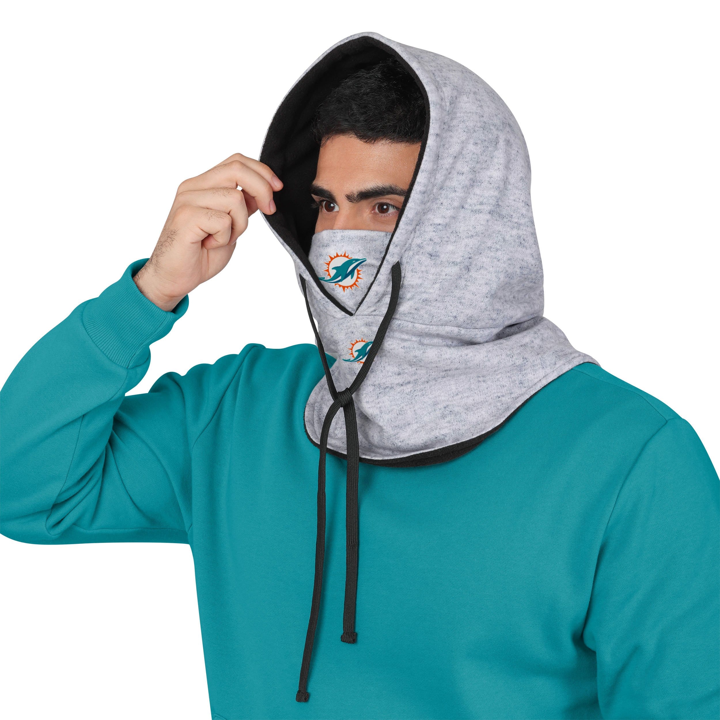 Miami Dolphins NFL Heather Gray Drawstring Hooded Gaiter Scarf - Image 3