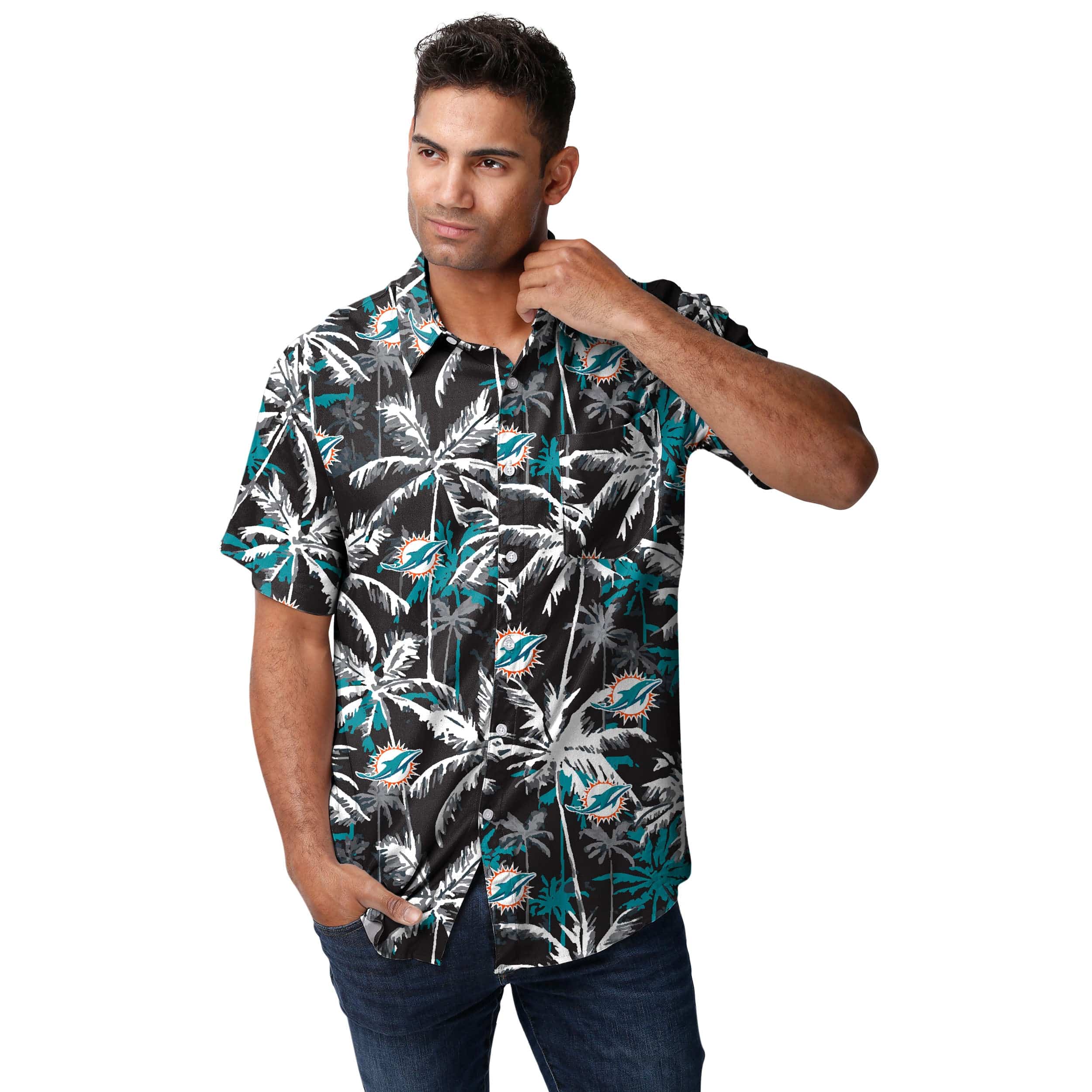 Miami Dolphins NFL Mens Black Floral Button Up Shirt - Image 2