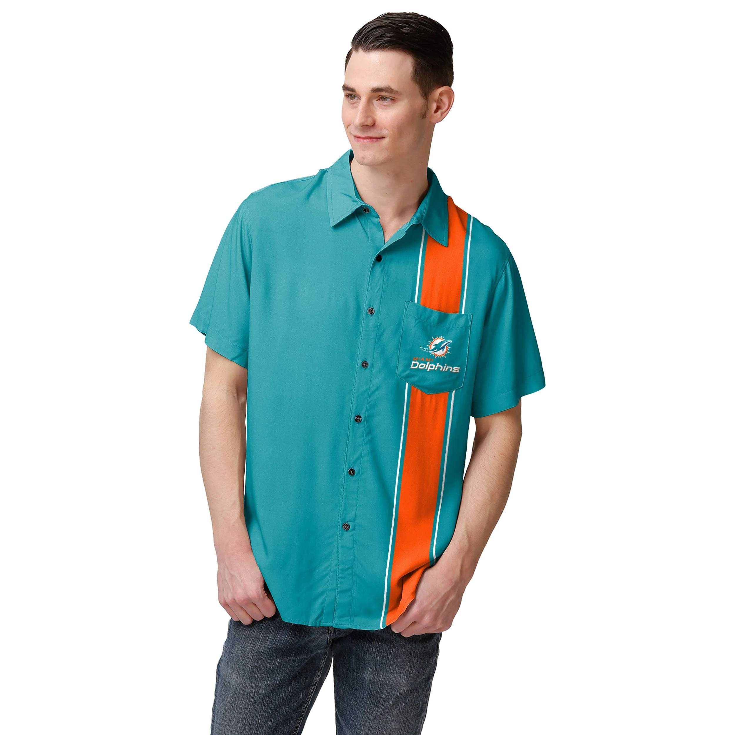 Miami Dolphins NFL Mens Bowling Stripe Button Up Shirt - Image 2