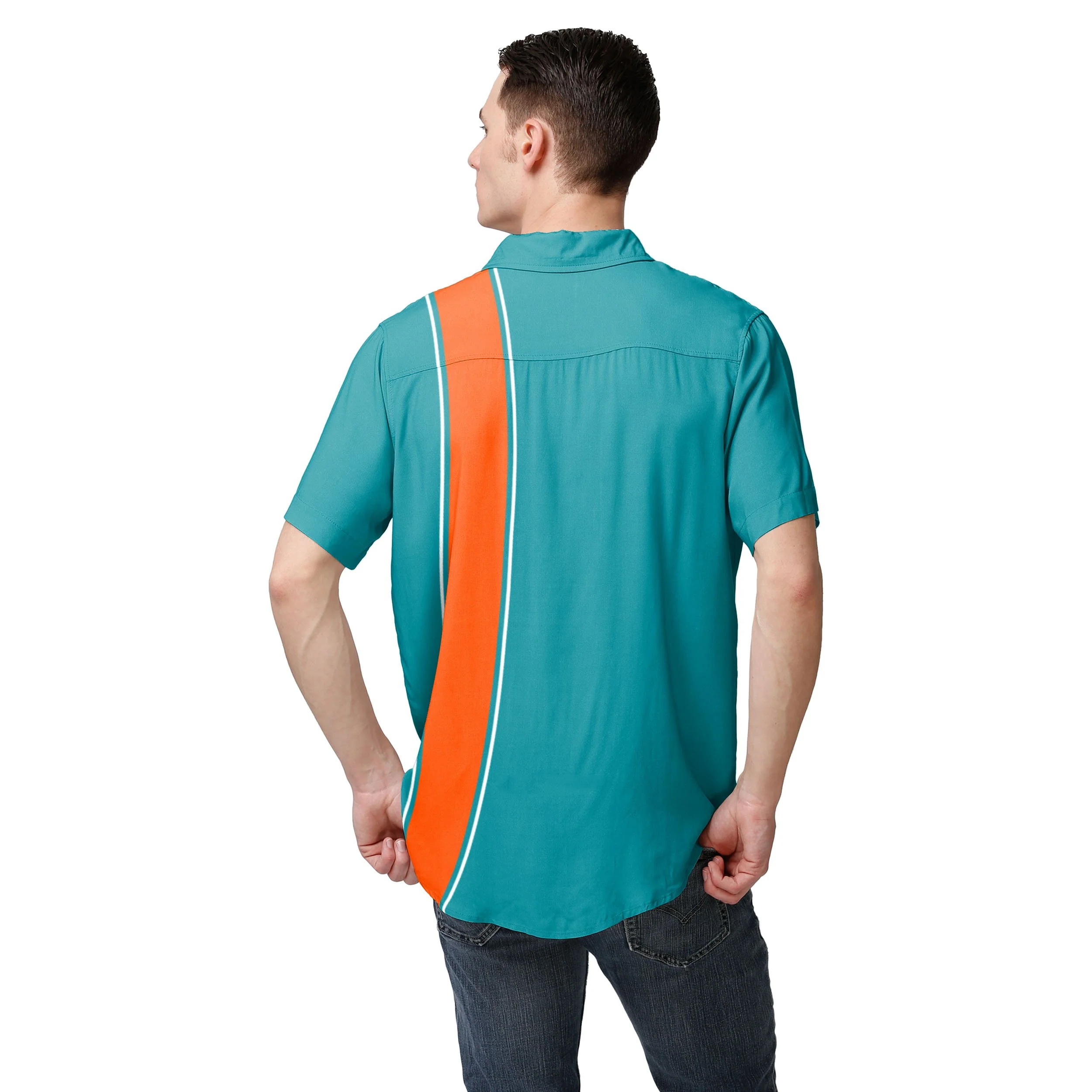 Miami Dolphins NFL Mens Bowling Stripe Button Up Shirt - Image 3
