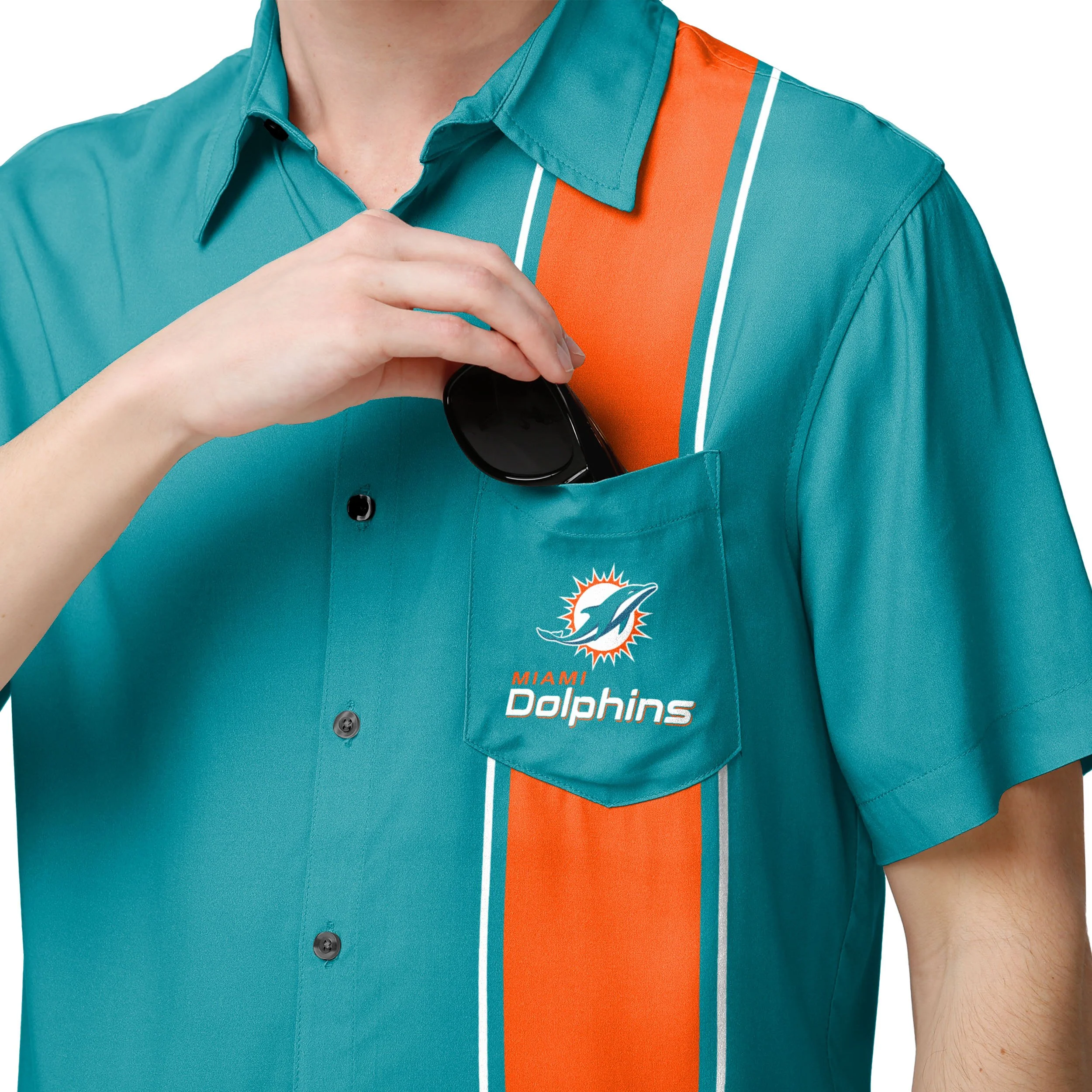 Miami Dolphins NFL Mens Bowling Stripe Button Up Shirt - Image 4