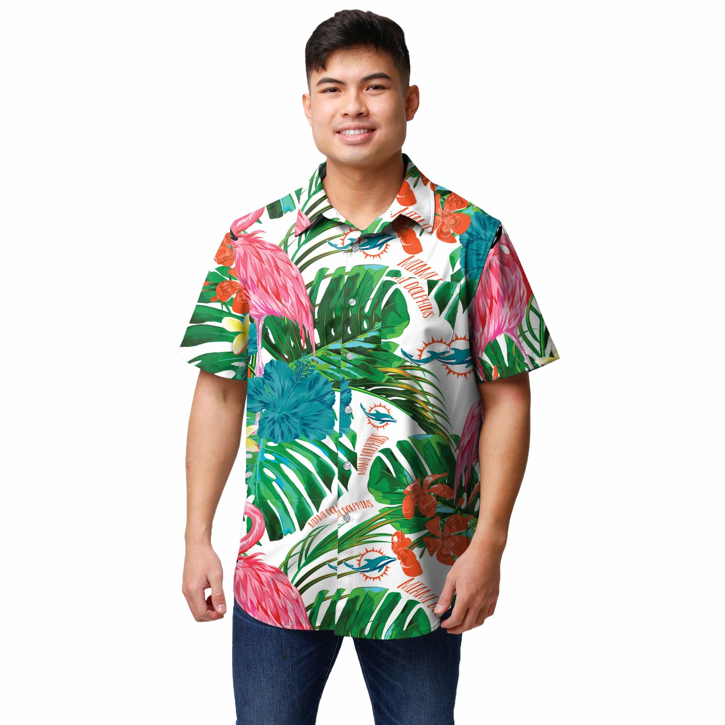 Miami Dolphins NFL Mens Flamingo Button Up Shirt - Image 2