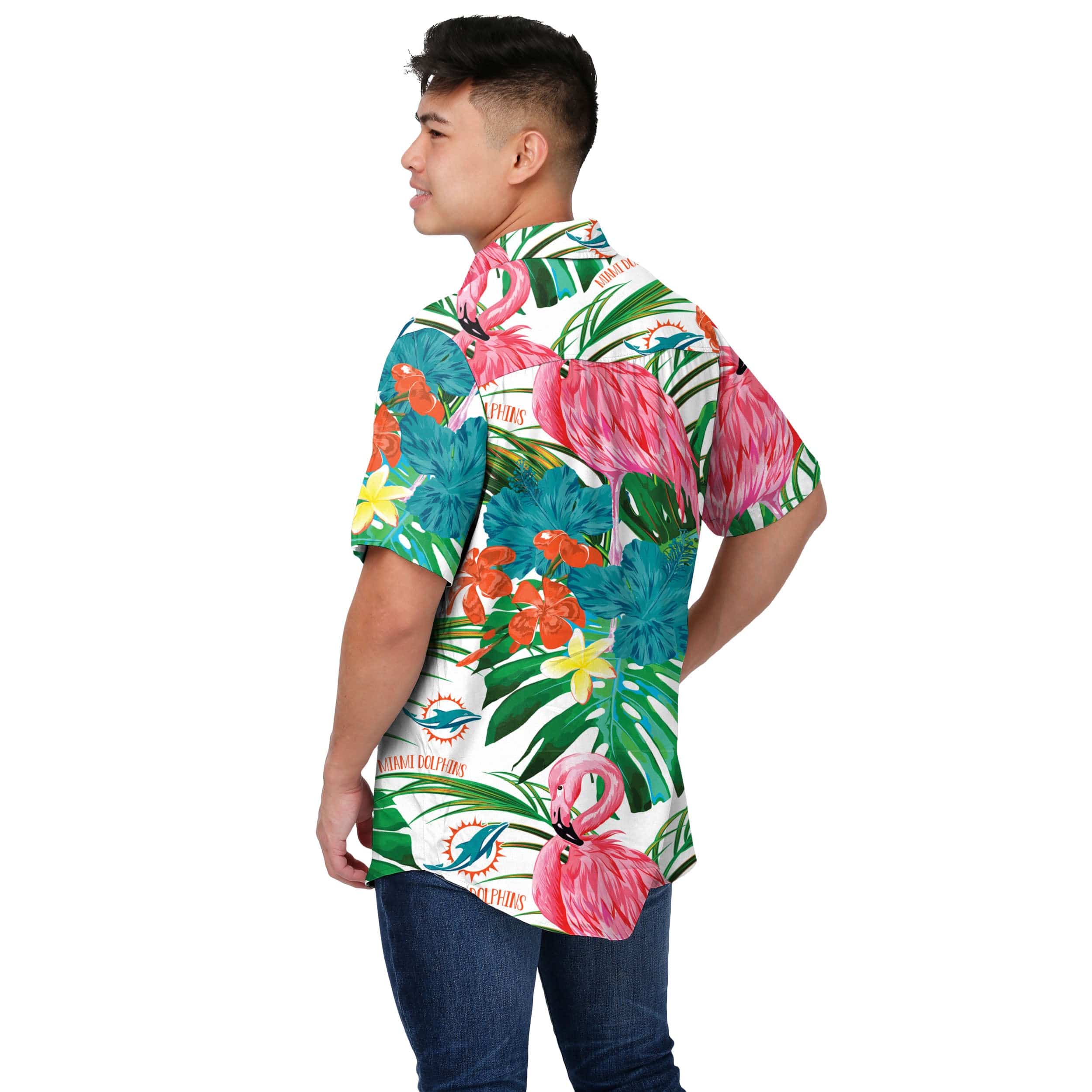 Miami Dolphins NFL Mens Flamingo Button Up Shirt - Image 3
