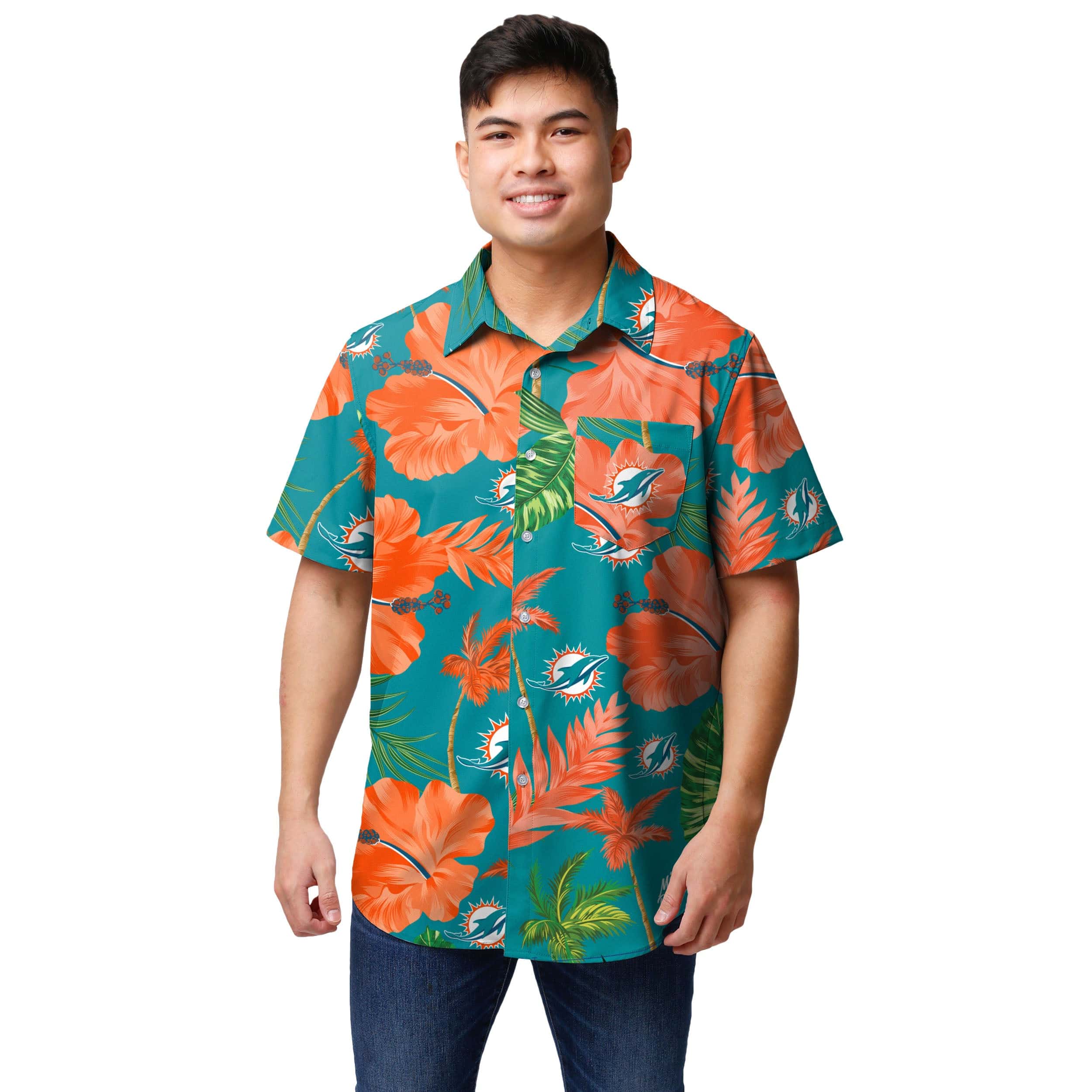 Miami Dolphins NFL Mens Team Color Hibiscus Button Up Shirt - Image 2