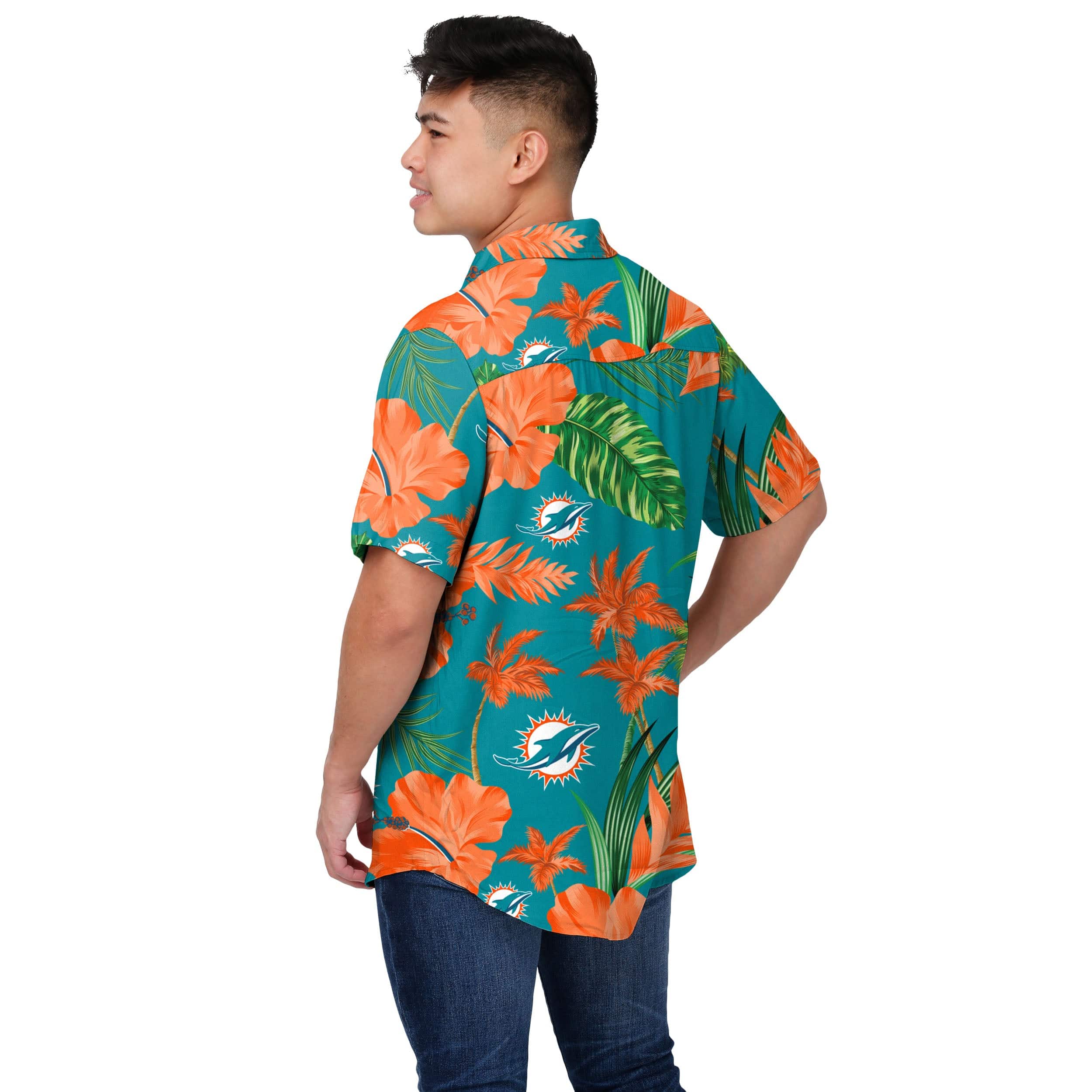 Miami Dolphins NFL Mens Team Color Hibiscus Button Up Shirt - Image 3