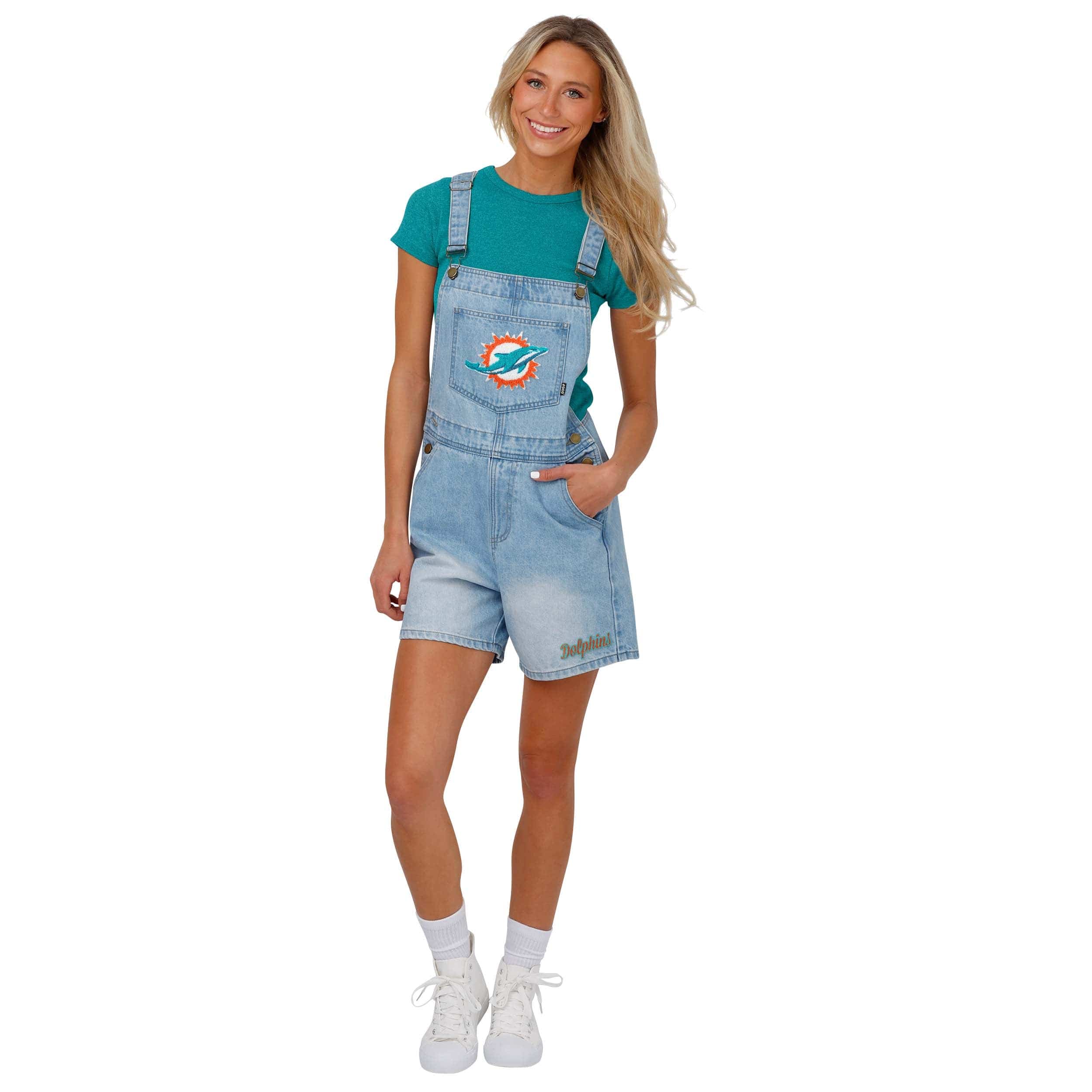 Miami Dolphins NFL Womens Big Logo Denim Bib Shortalls