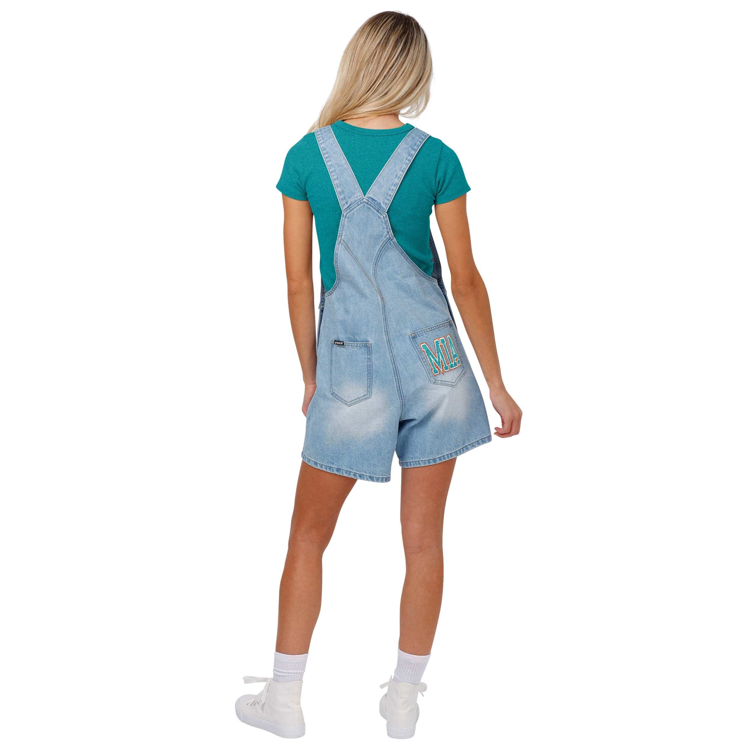 Miami Dolphins NFL Womens Big Logo Denim Bib Shortalls - Image 2