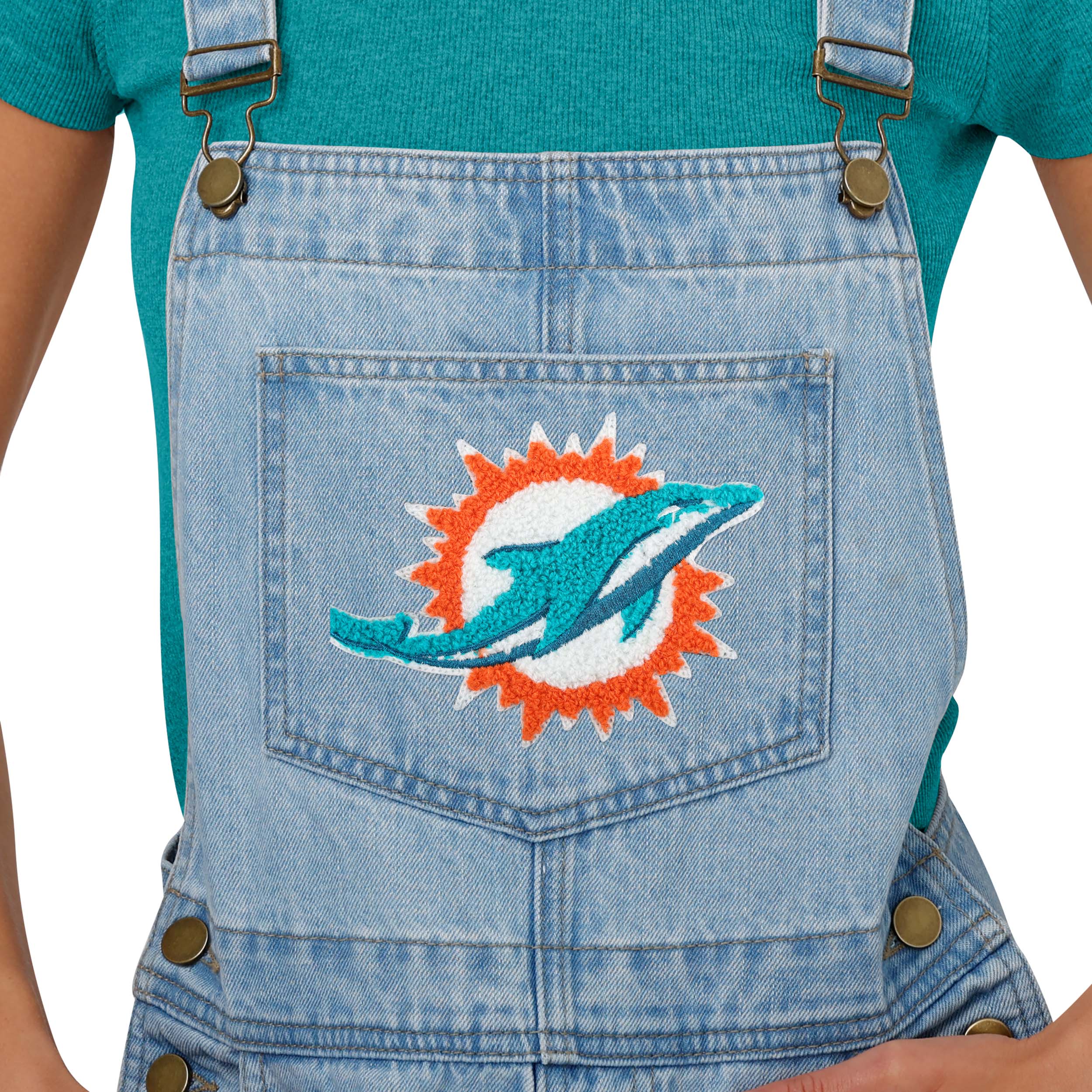 Miami Dolphins NFL Womens Big Logo Denim Bib Shortalls - Image 3