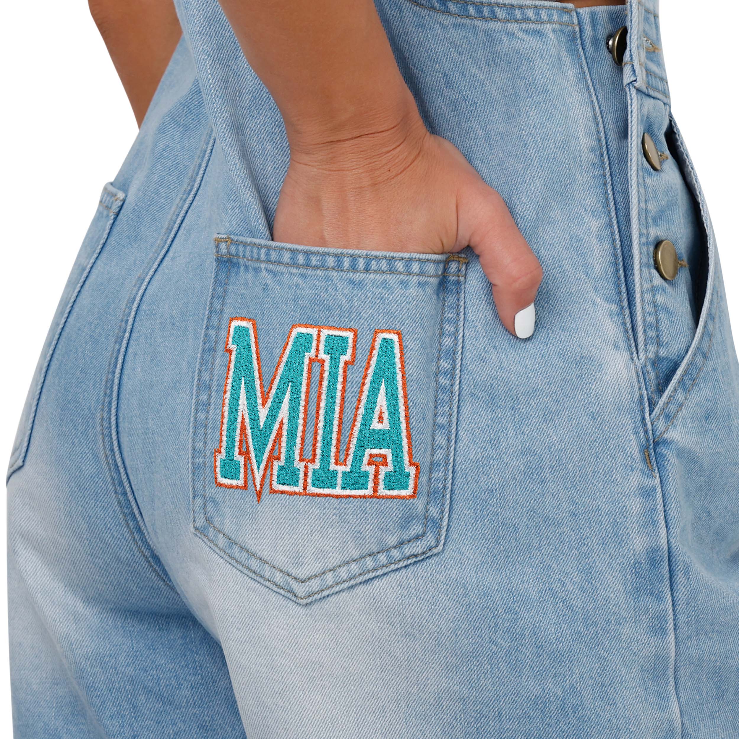 Miami Dolphins NFL Womens Big Logo Denim Bib Shortalls - Image 5