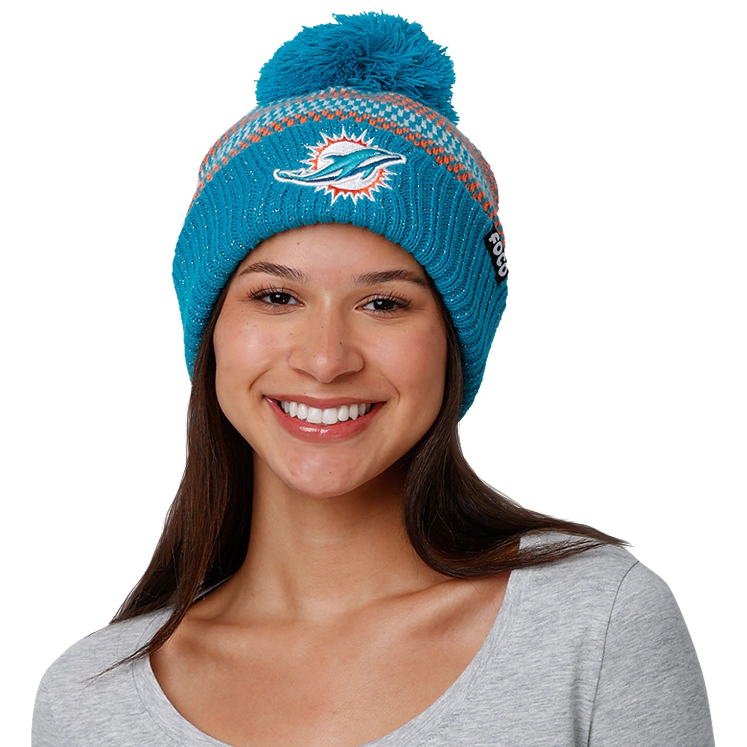 Miami Dolphins NFL Womens Cozy Knit Metallic Thread Pom Beanie - Image 3
