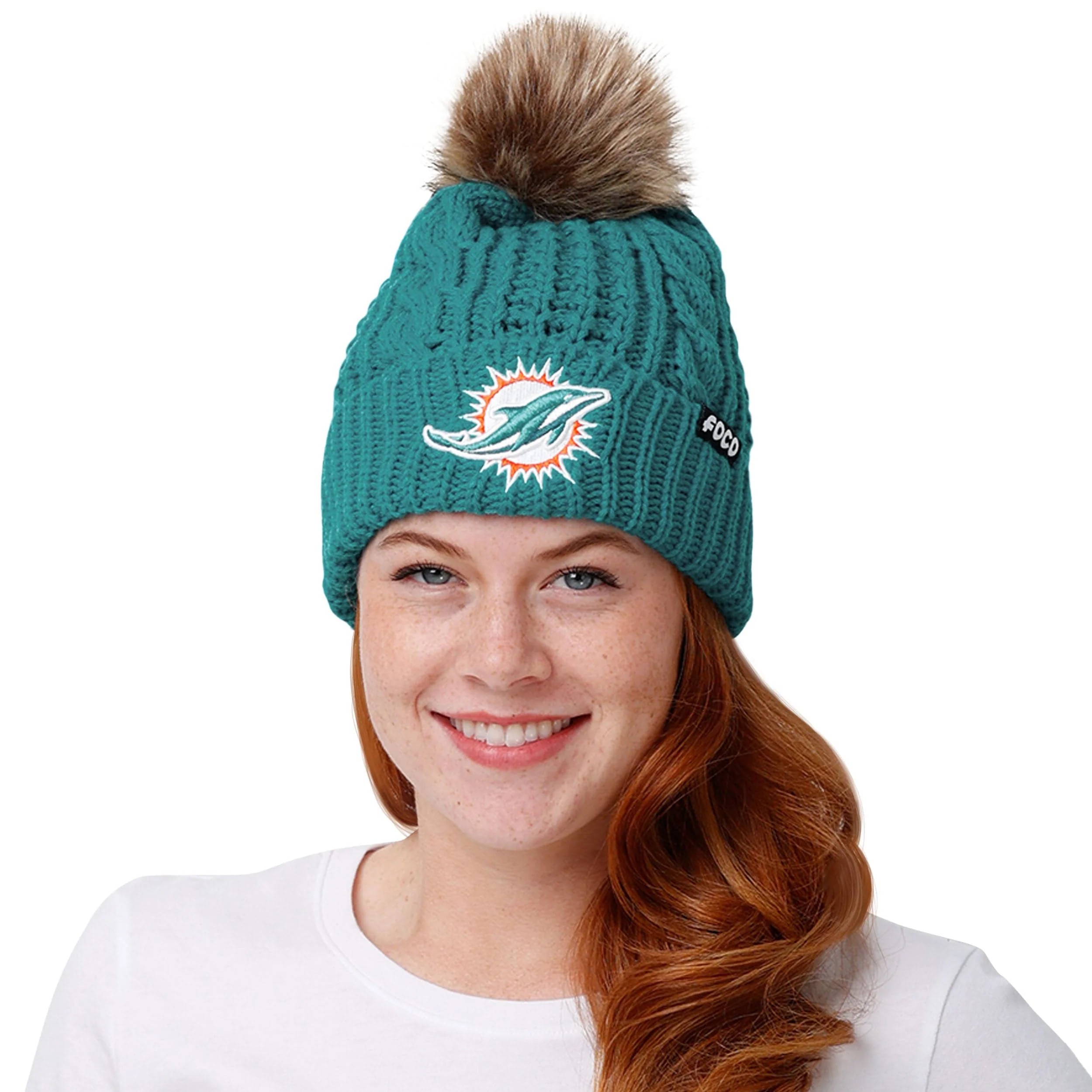 Miami Dolphins NFL Womens Faux Fur Pom Beanie - Image 3