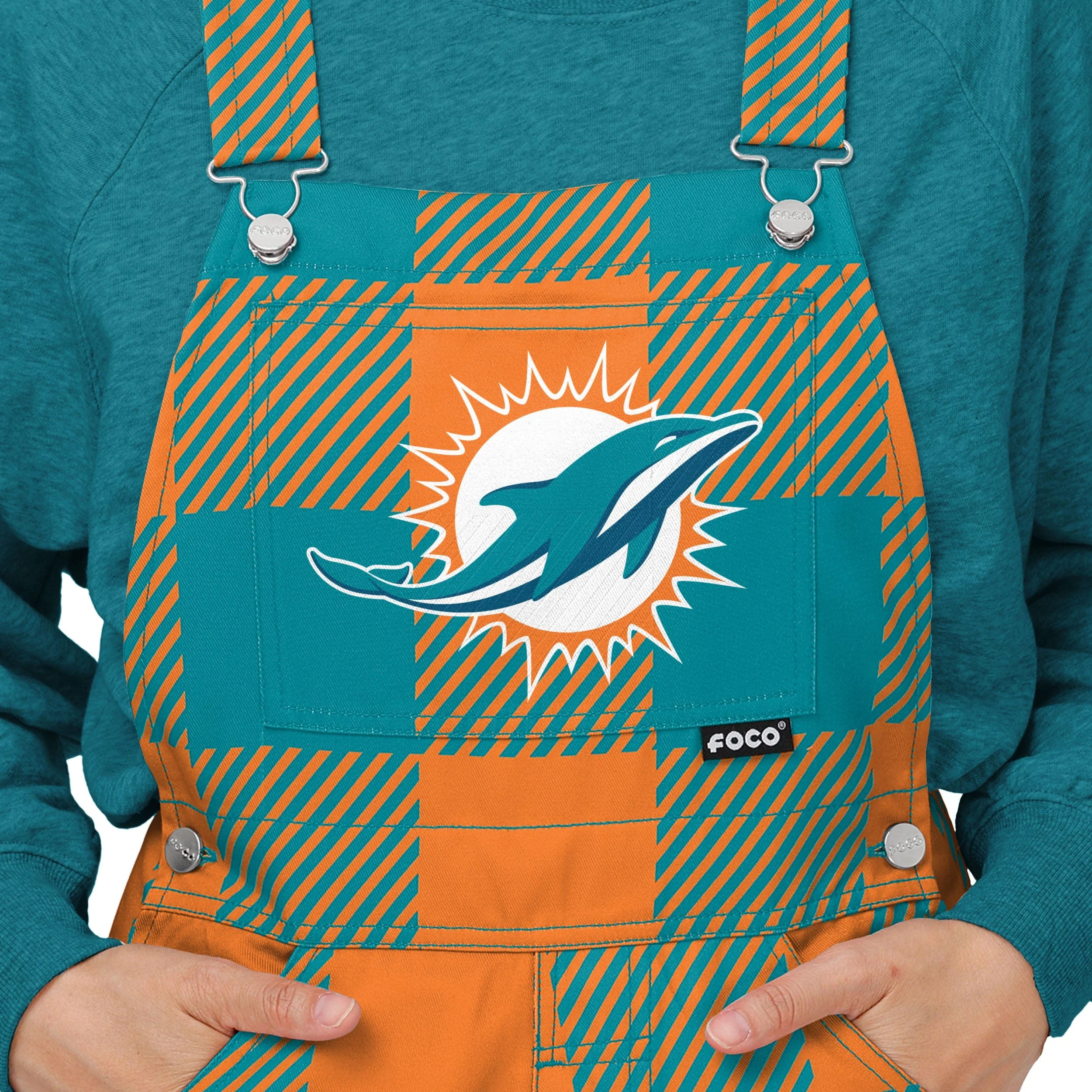 Miami Dolphins NFL Womens Plaid Bib Overalls - Image 4