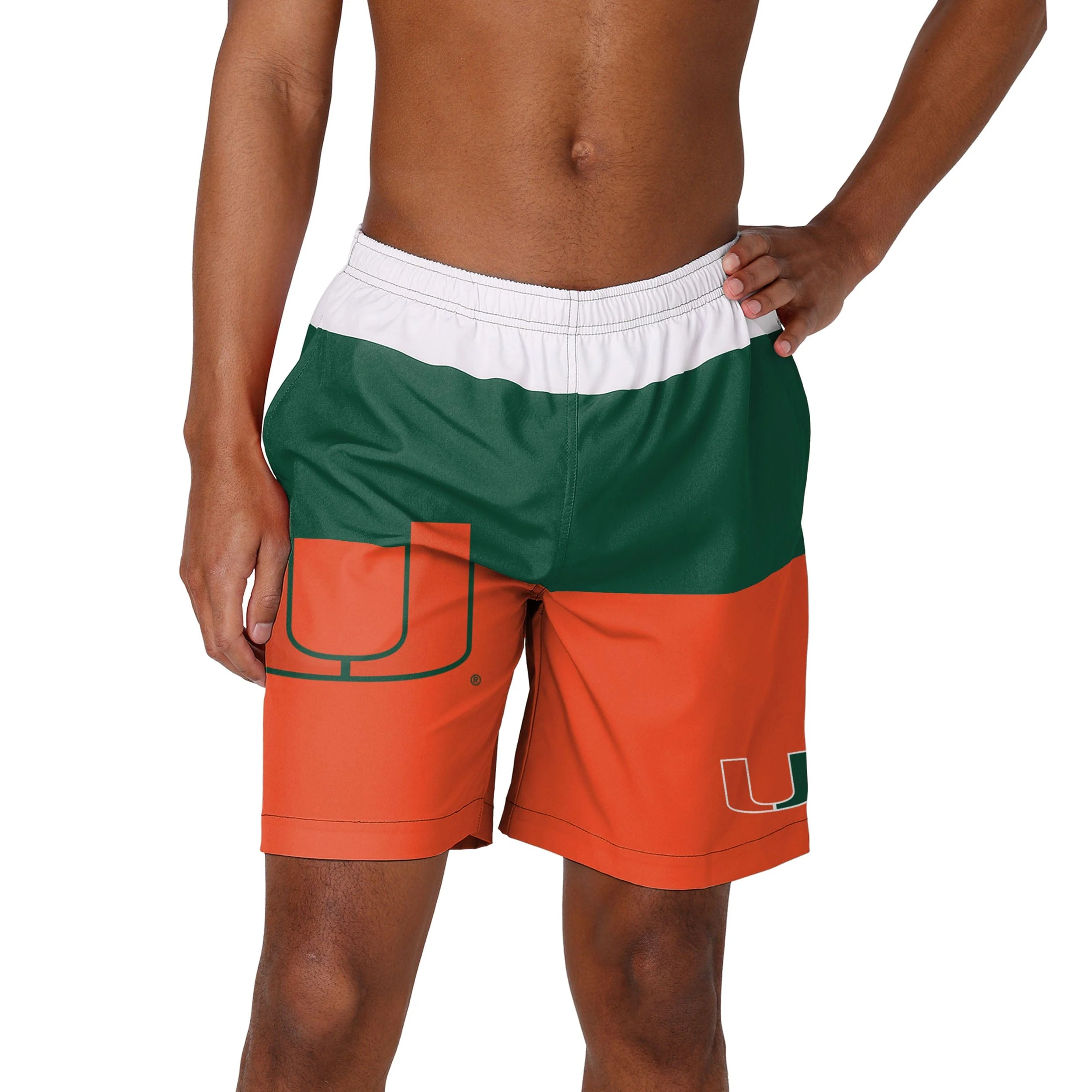 Miami Hurricanes NCAA Mens 3 Stripe Big Logo Swimming Trunks - Image 2