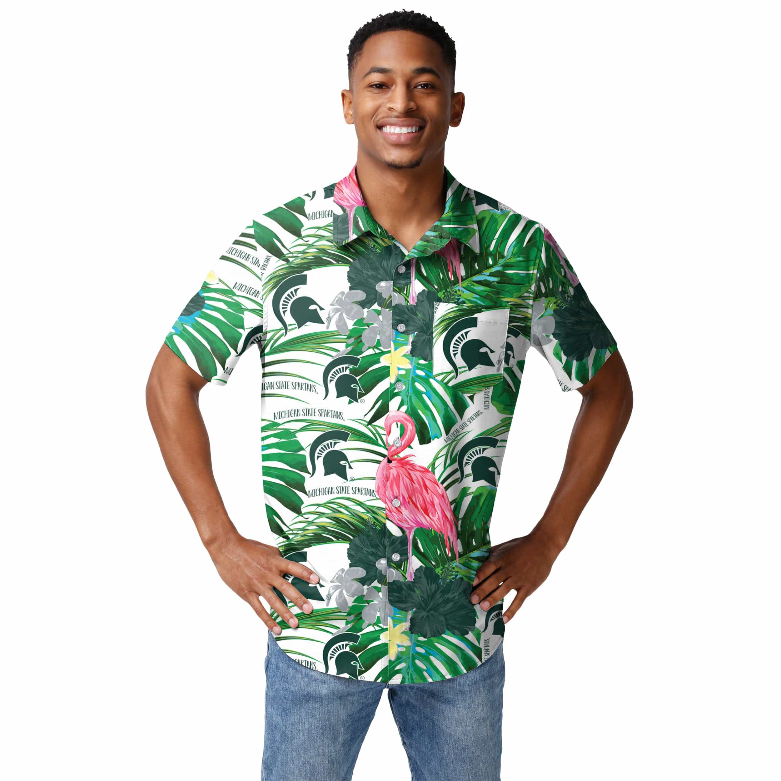 Michigan State Spartans NCAA Mens Flamingo Button Up Shirt - Image 2