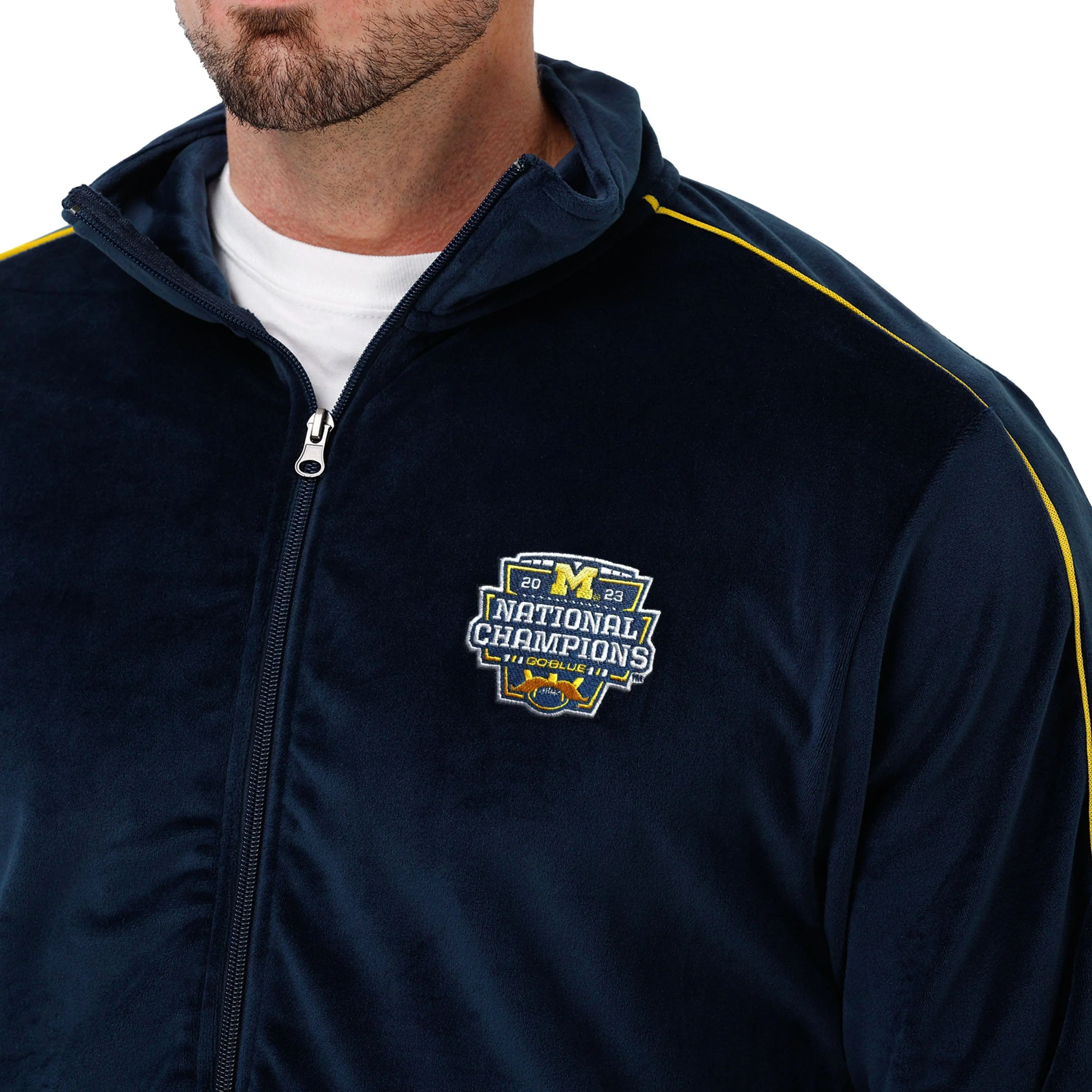 Michigan Wolverines NCAA 2023 Football National Champions Mens Velour Zip Up Top - Image 3