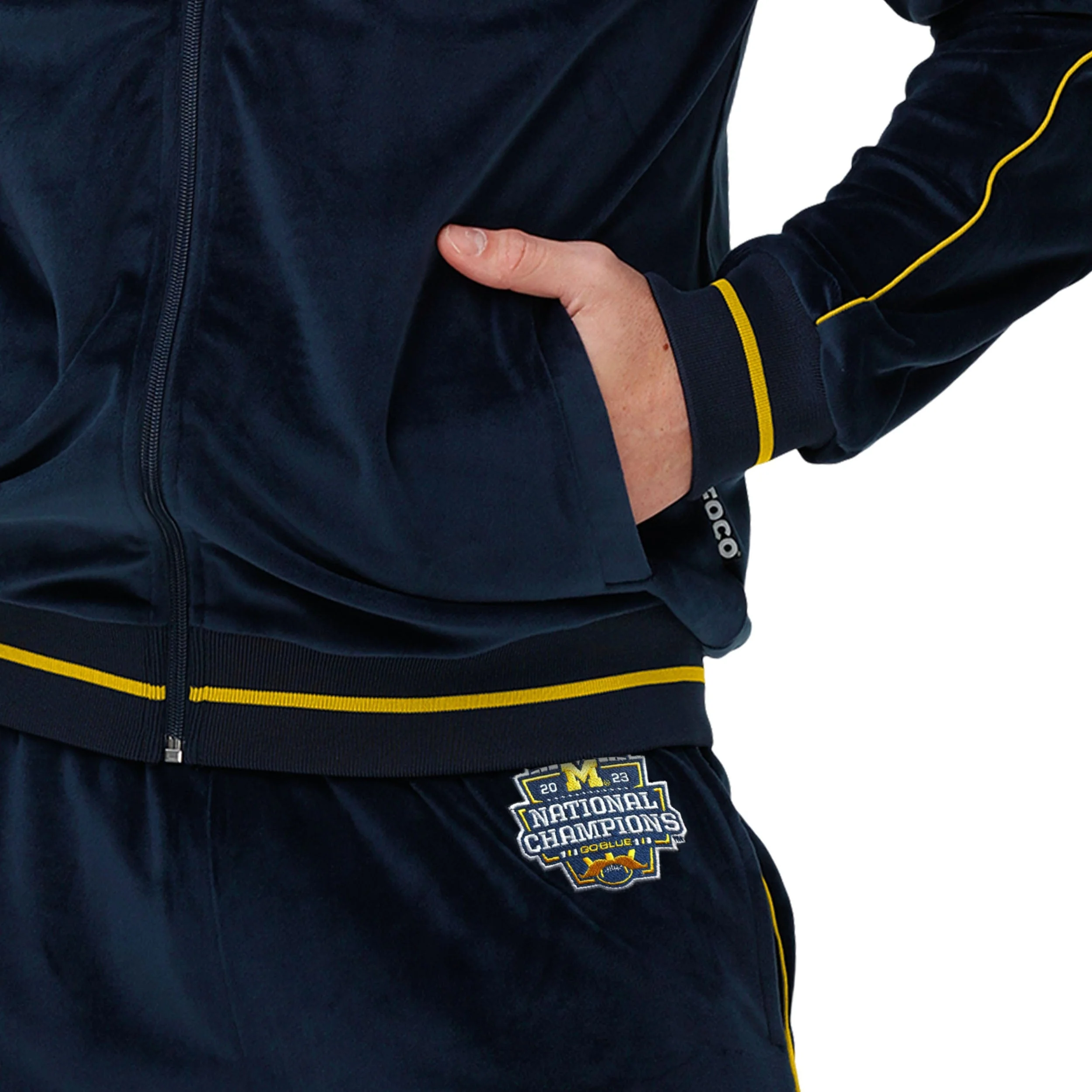 Michigan Wolverines NCAA 2023 Football National Champions Mens Velour Zip Up Top - Image 4