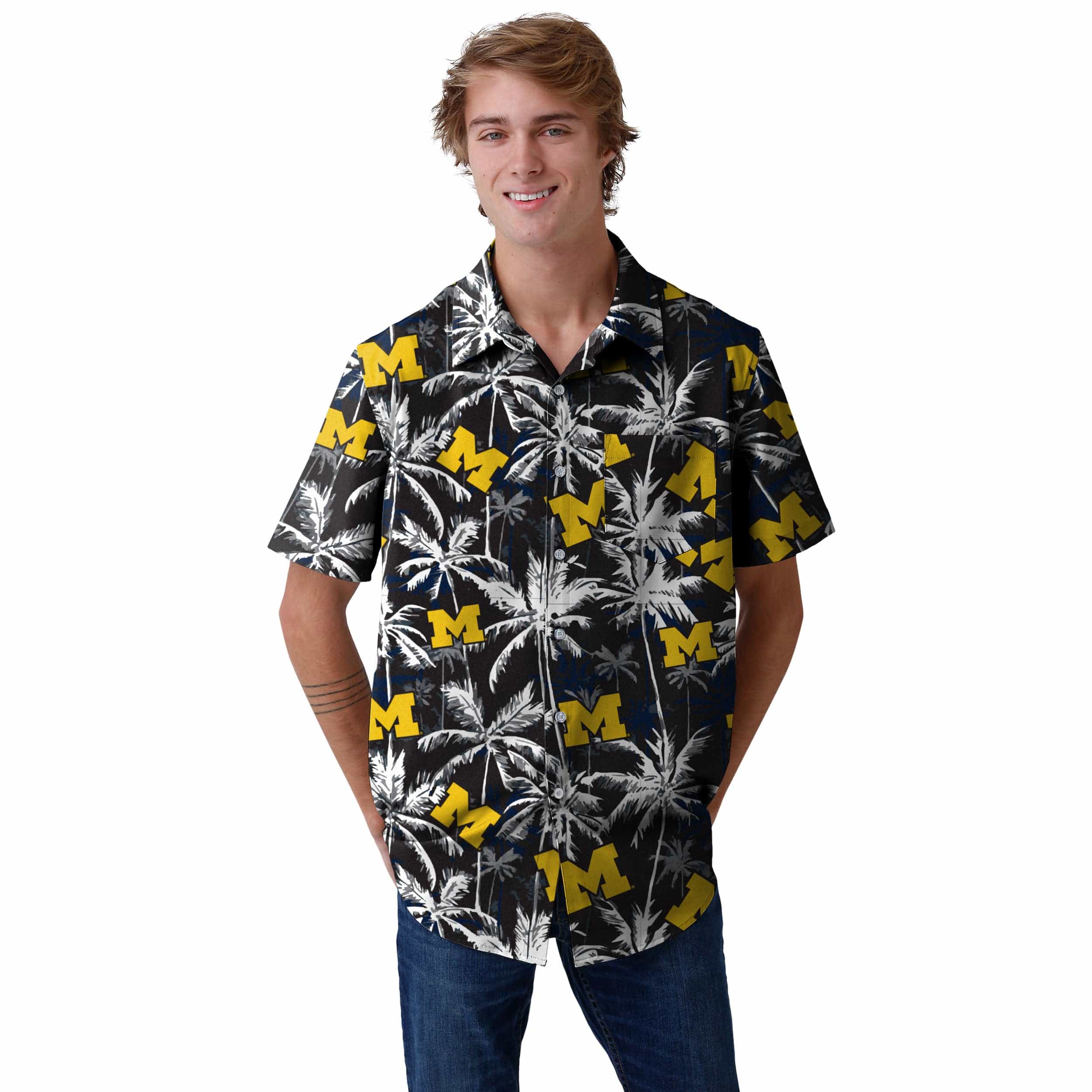 Michigan Wolverines NCAA Mens Black Floral Button Up Shirt - Image 2
