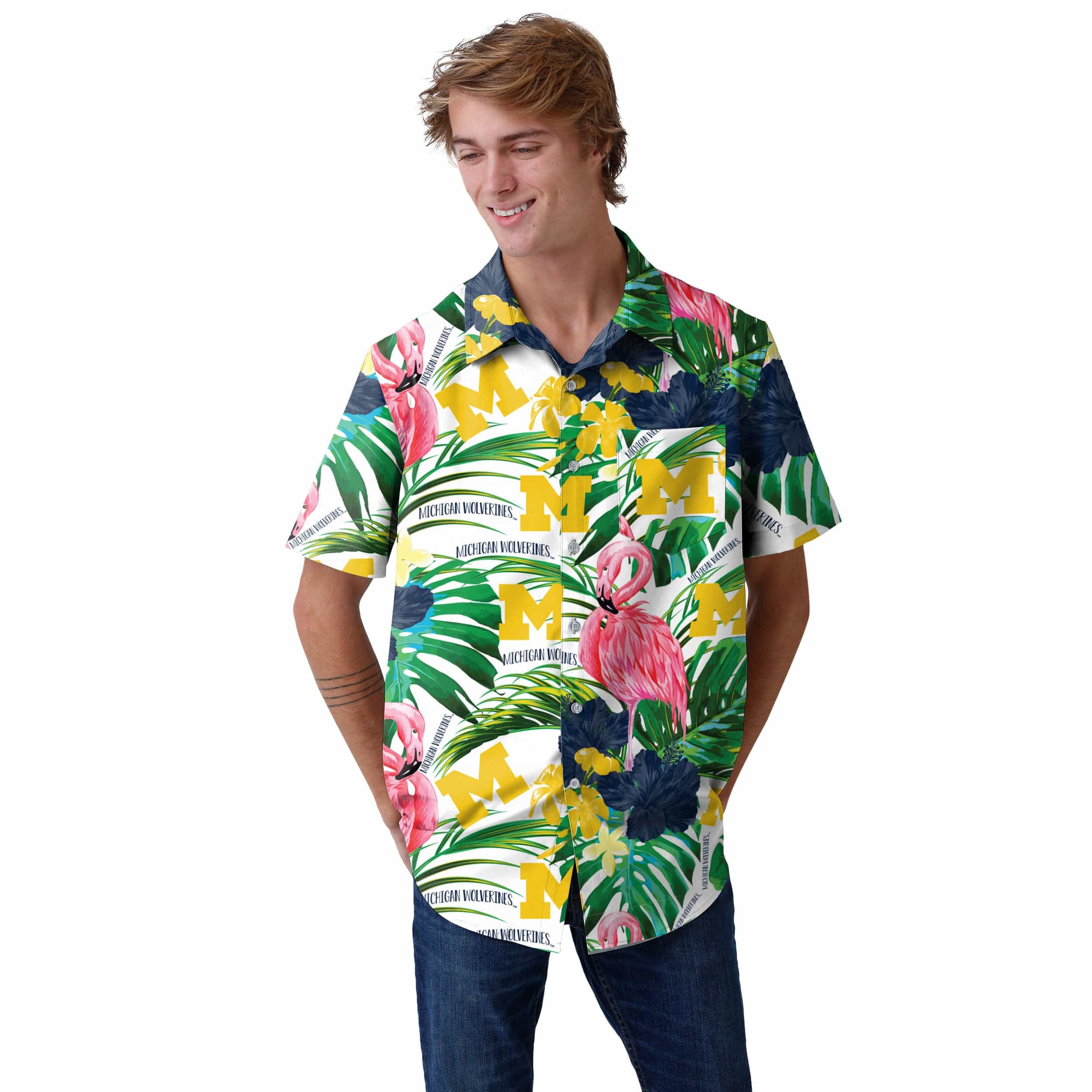 Michigan Wolverines NCAA Mens Flamingo Button Up Shirt - Image 2