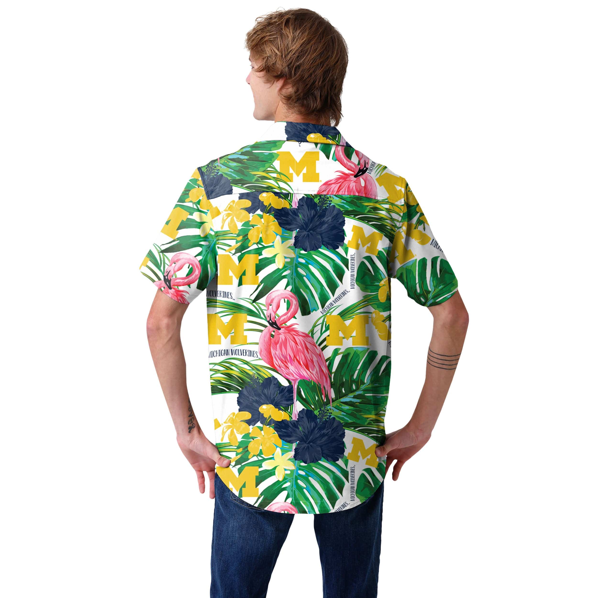 Michigan Wolverines NCAA Mens Flamingo Button Up Shirt - Image 3