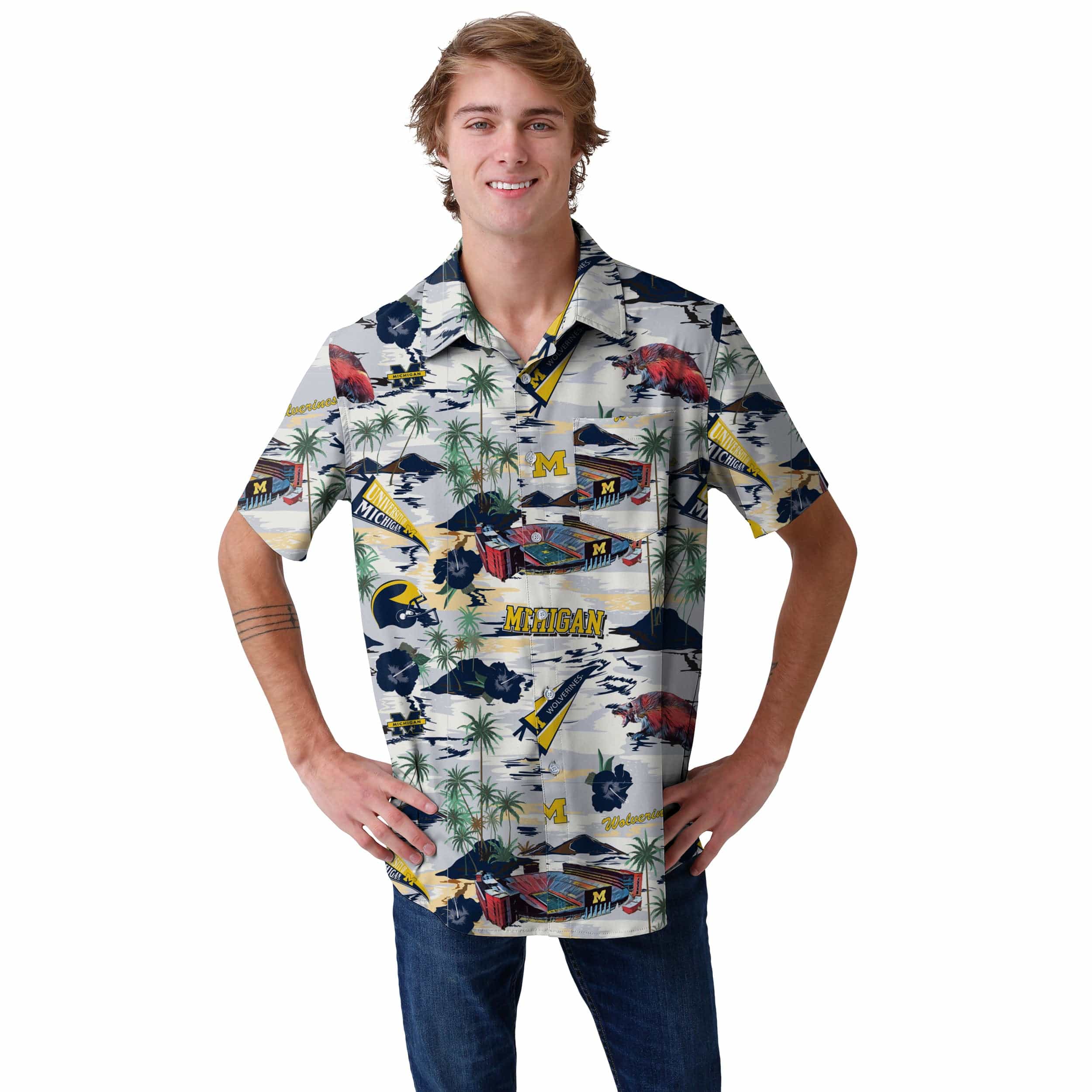 Michigan Wolverines NCAA Mens Thematic Stadium Print Button Up Shirt - Image 2