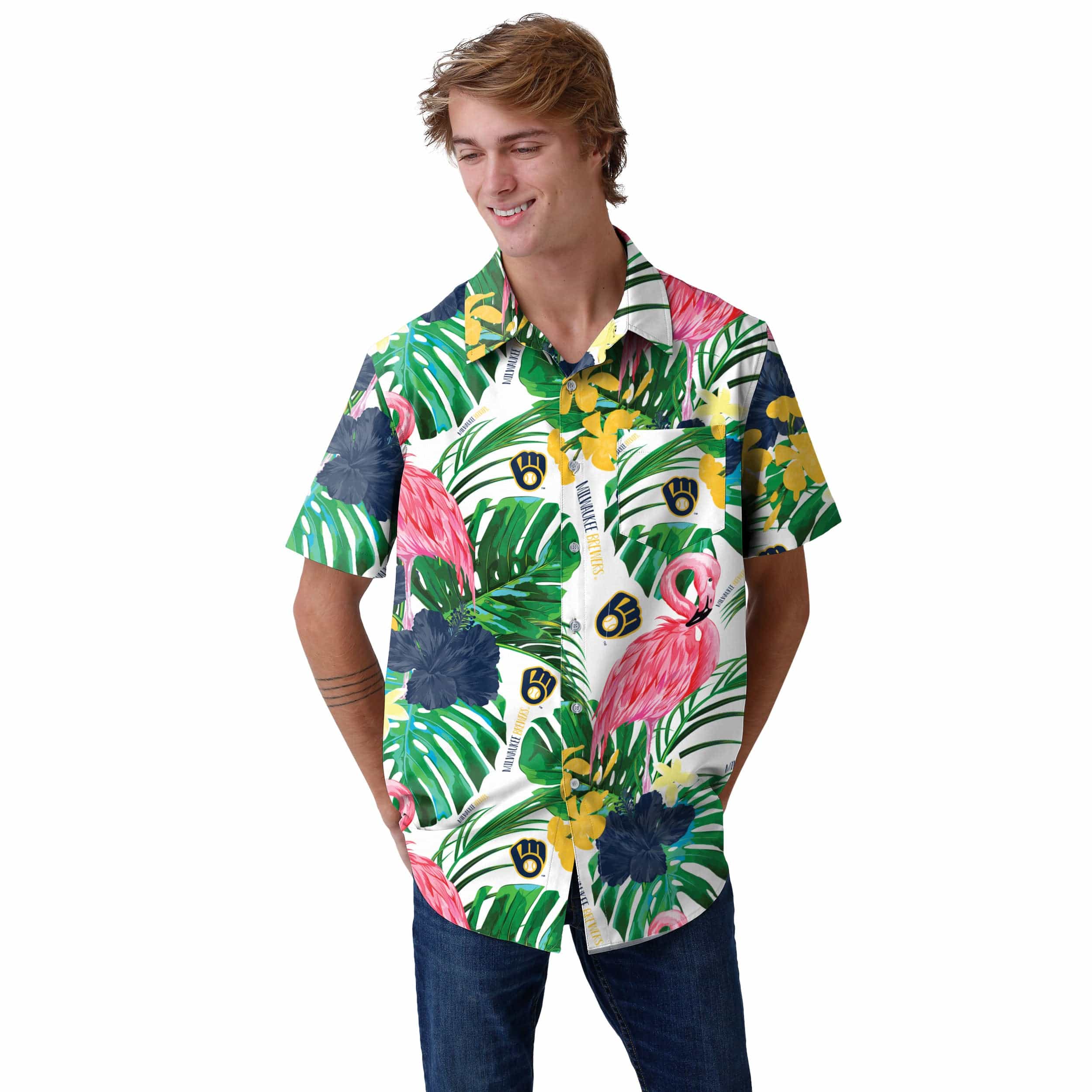 Milwaukee Brewers MLB Mens Flamingo Button Up Shirt - Image 2
