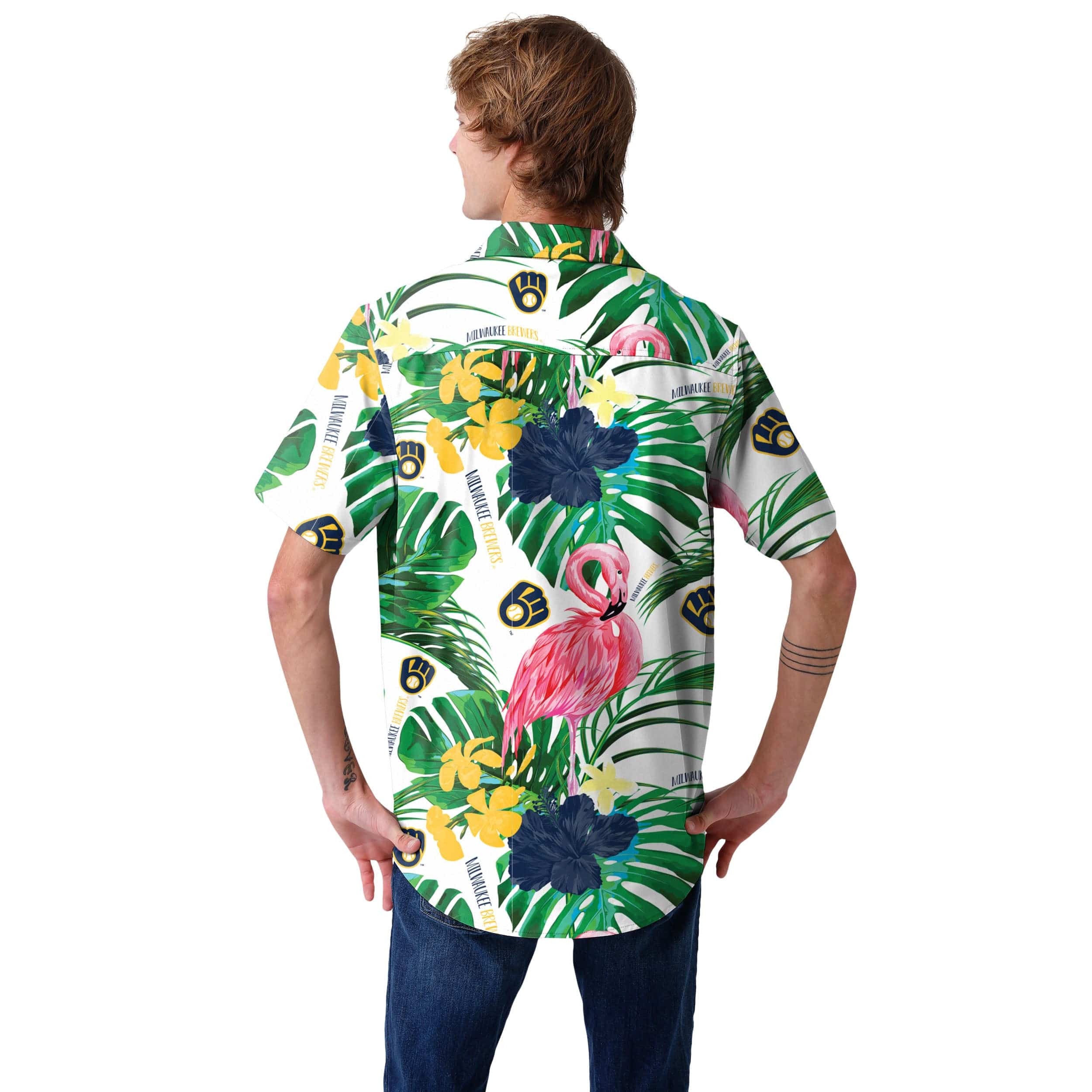 Milwaukee Brewers MLB Mens Flamingo Button Up Shirt - Image 3