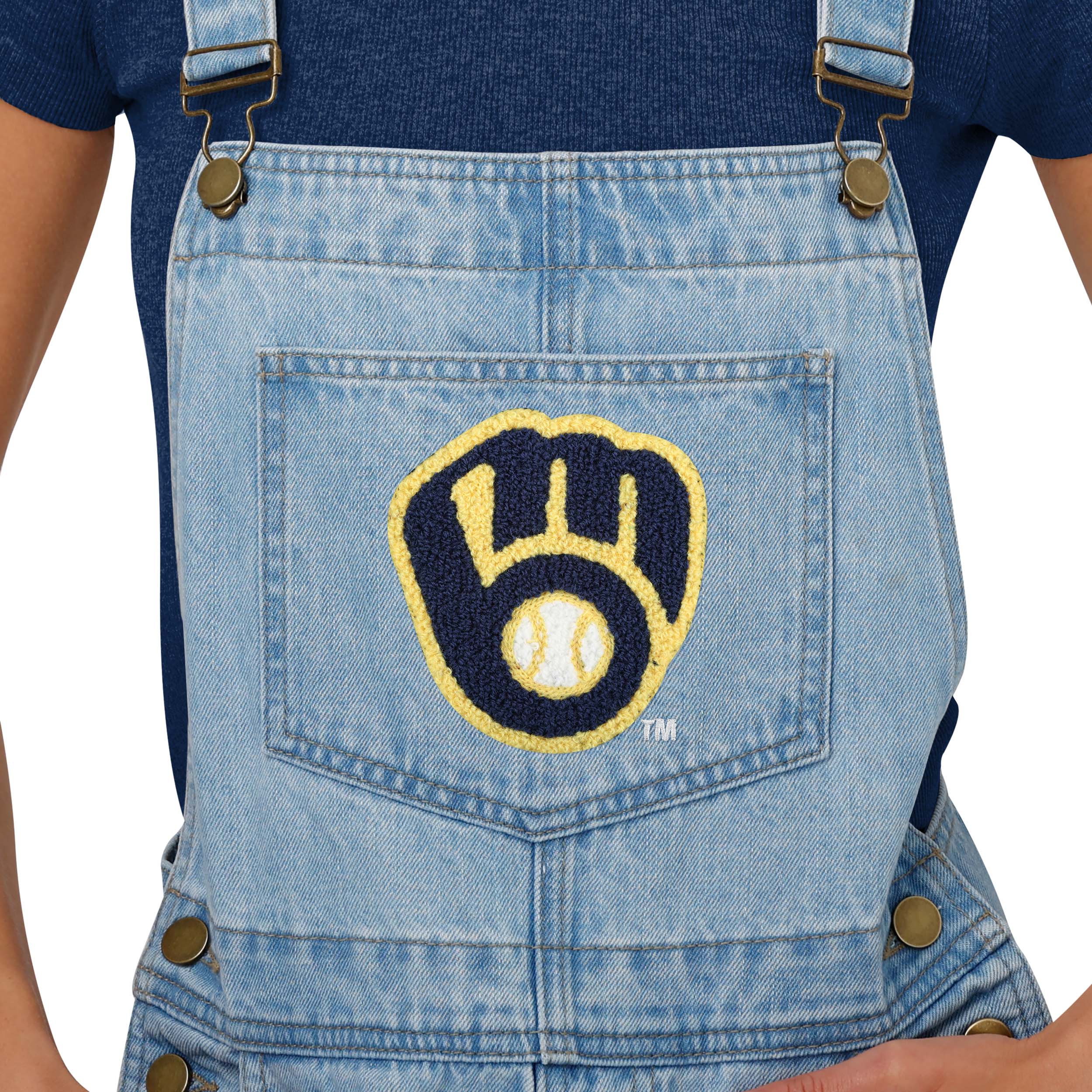 Milwaukee Brewers MLB Womens Big Logo Denim Bib Shortalls - Image 3