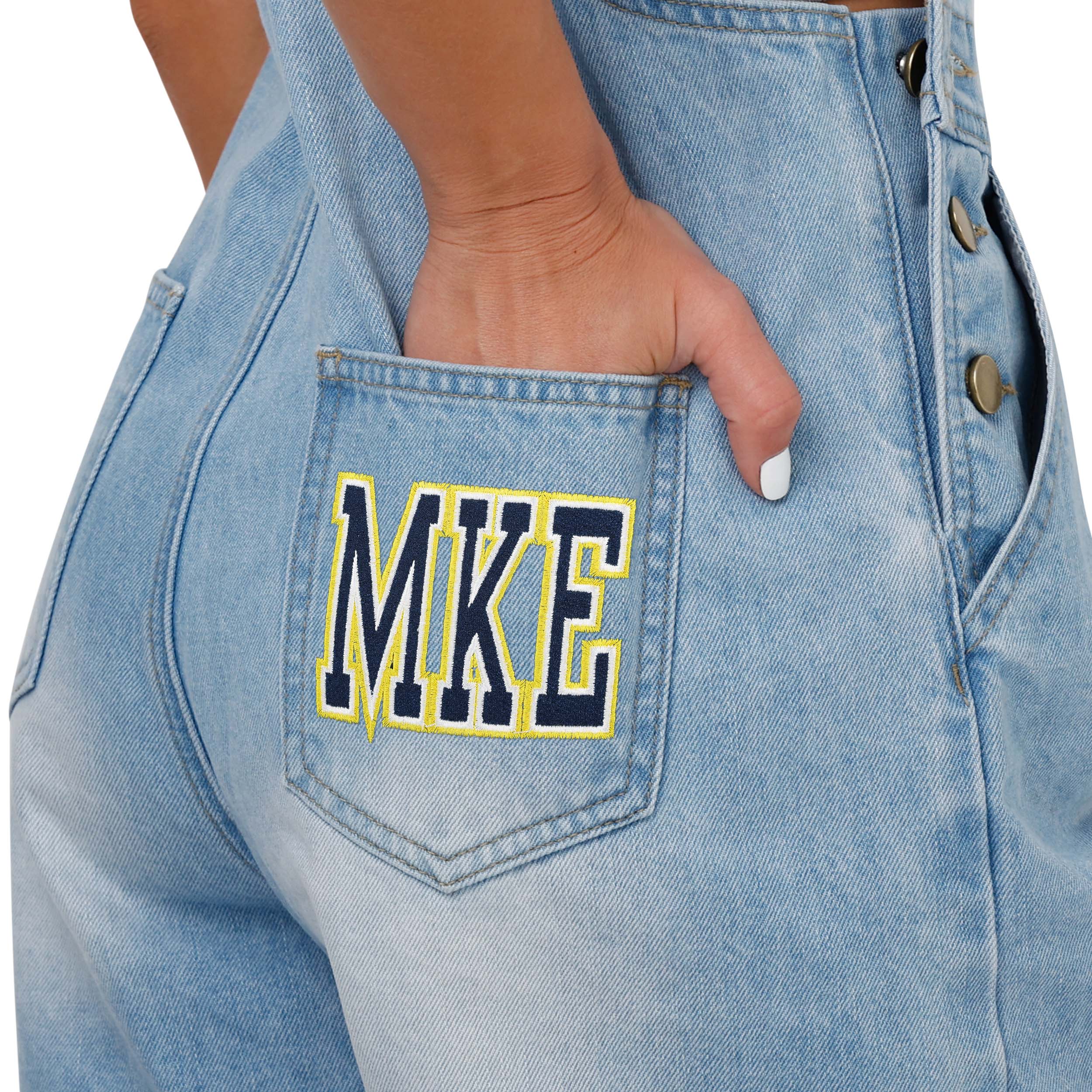 Milwaukee Brewers MLB Womens Big Logo Denim Bib Shortalls - Image 5
