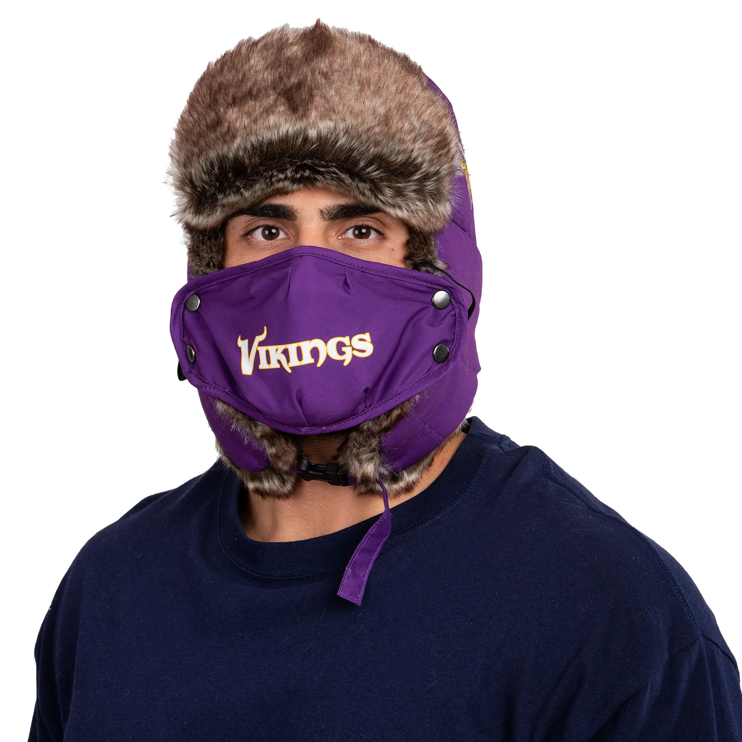 Minnesota Vikings NFL Big Logo Trapper Hat With Face Cover - Image 2