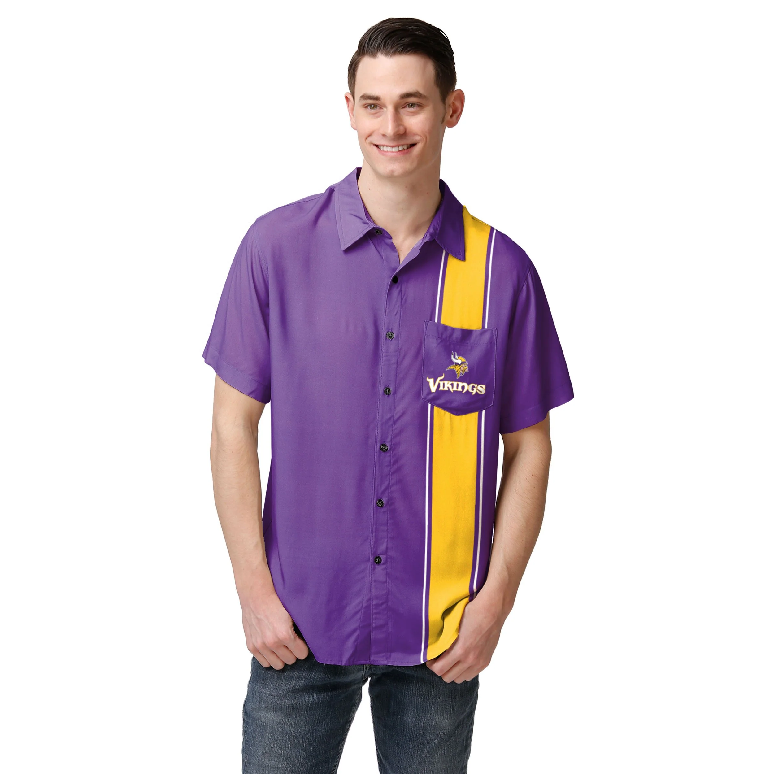 Minnesota Vikings NFL Mens Bowling Stripe Button Up Shirt - Image 2