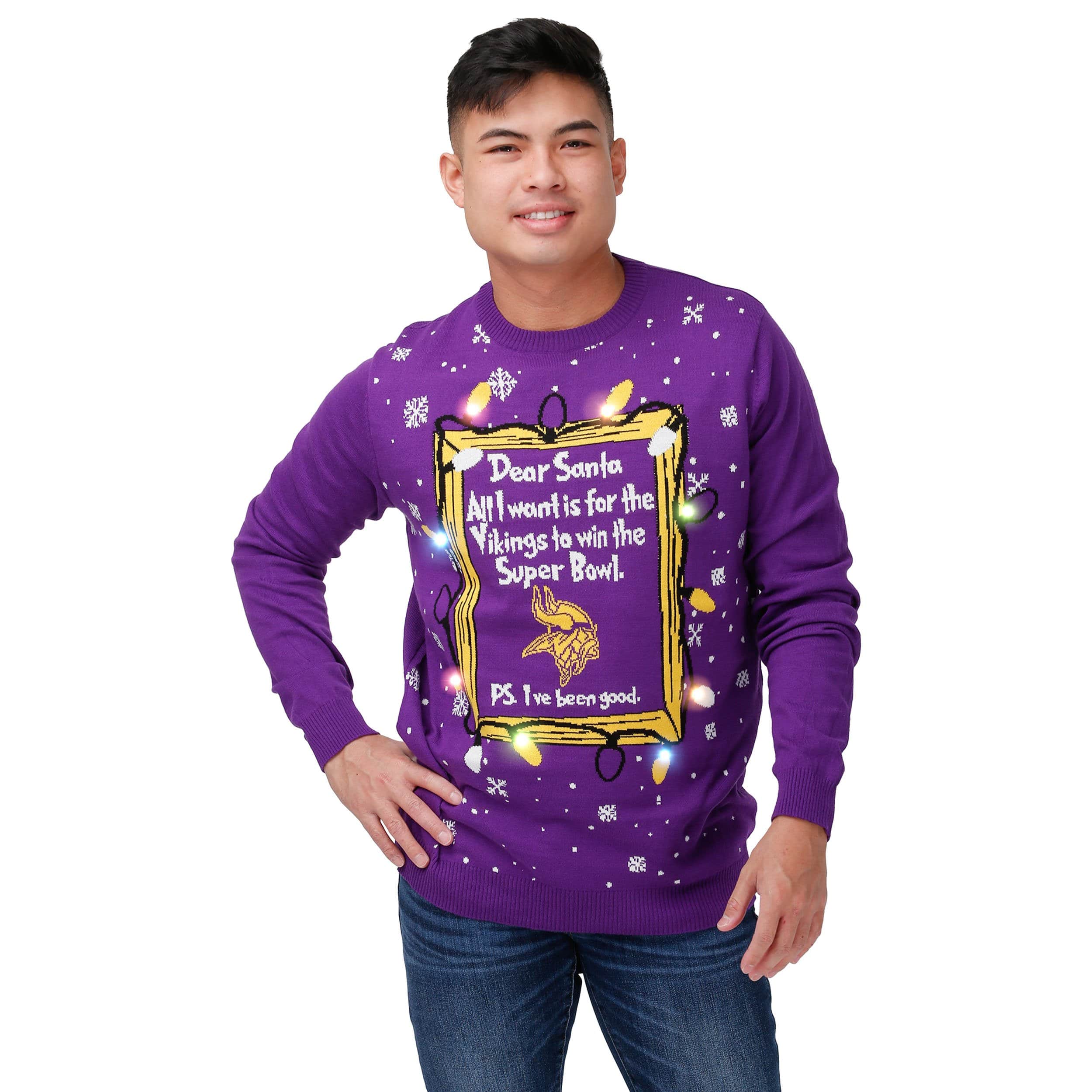 Minnesota Vikings NFL Mens Dear Santa Light Up Sweater - Image 2