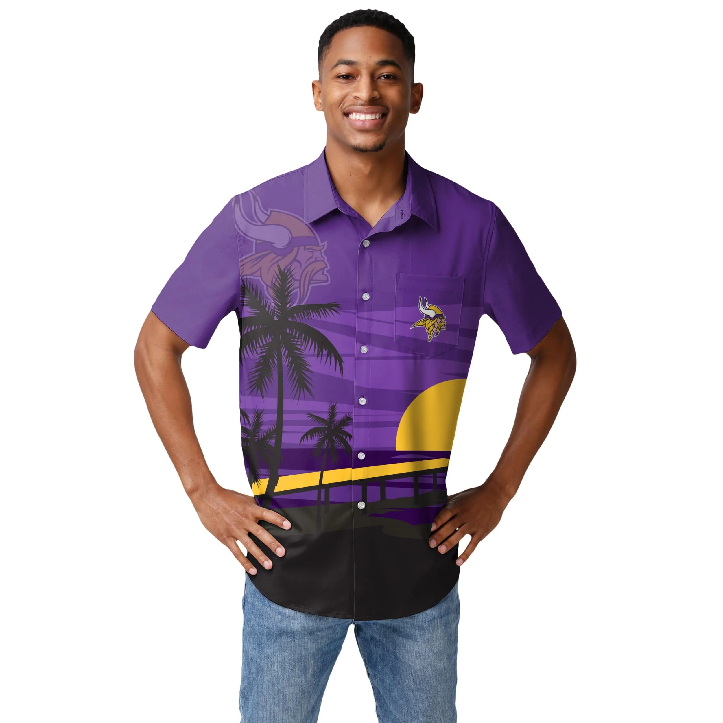 Minnesota Vikings NFL Mens Tropical Sunset Button Up Shirt - Image 2