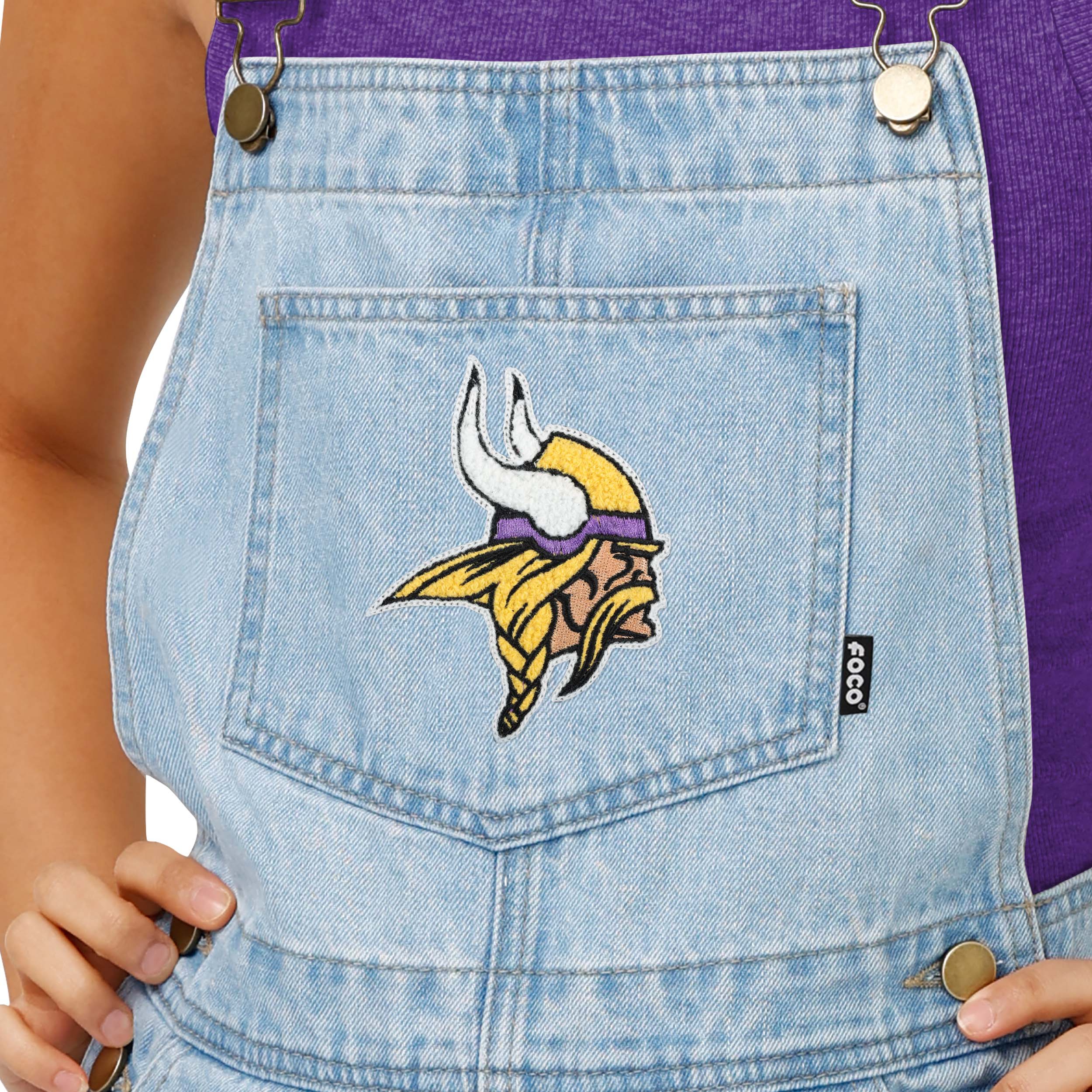 Minnesota Vikings NFL Womens Big Logo Denim Bib Shortalls - Image 3