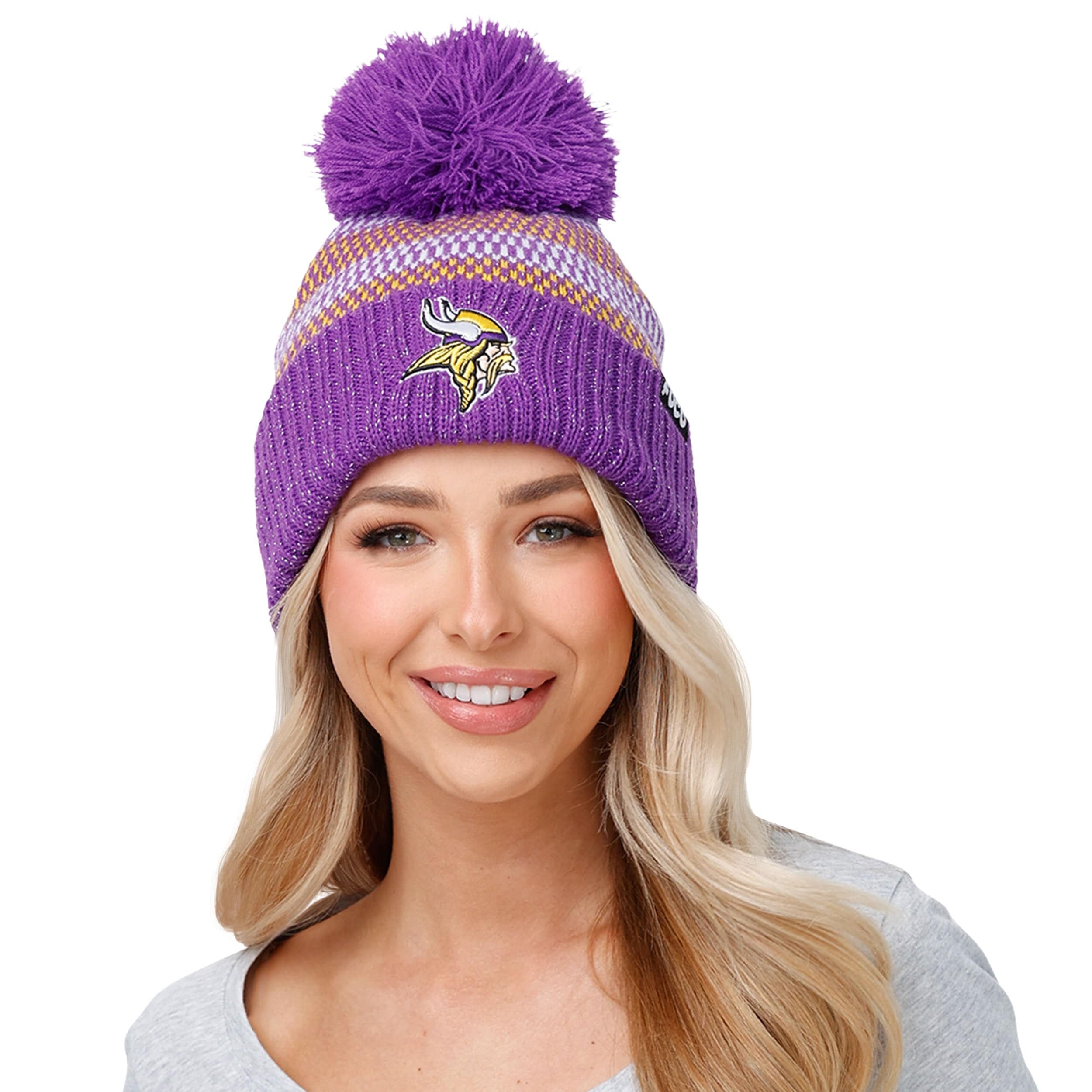 Minnesota Vikings NFL Womens Cozy Knit Metallic Thread Pom Beanie - Image 3