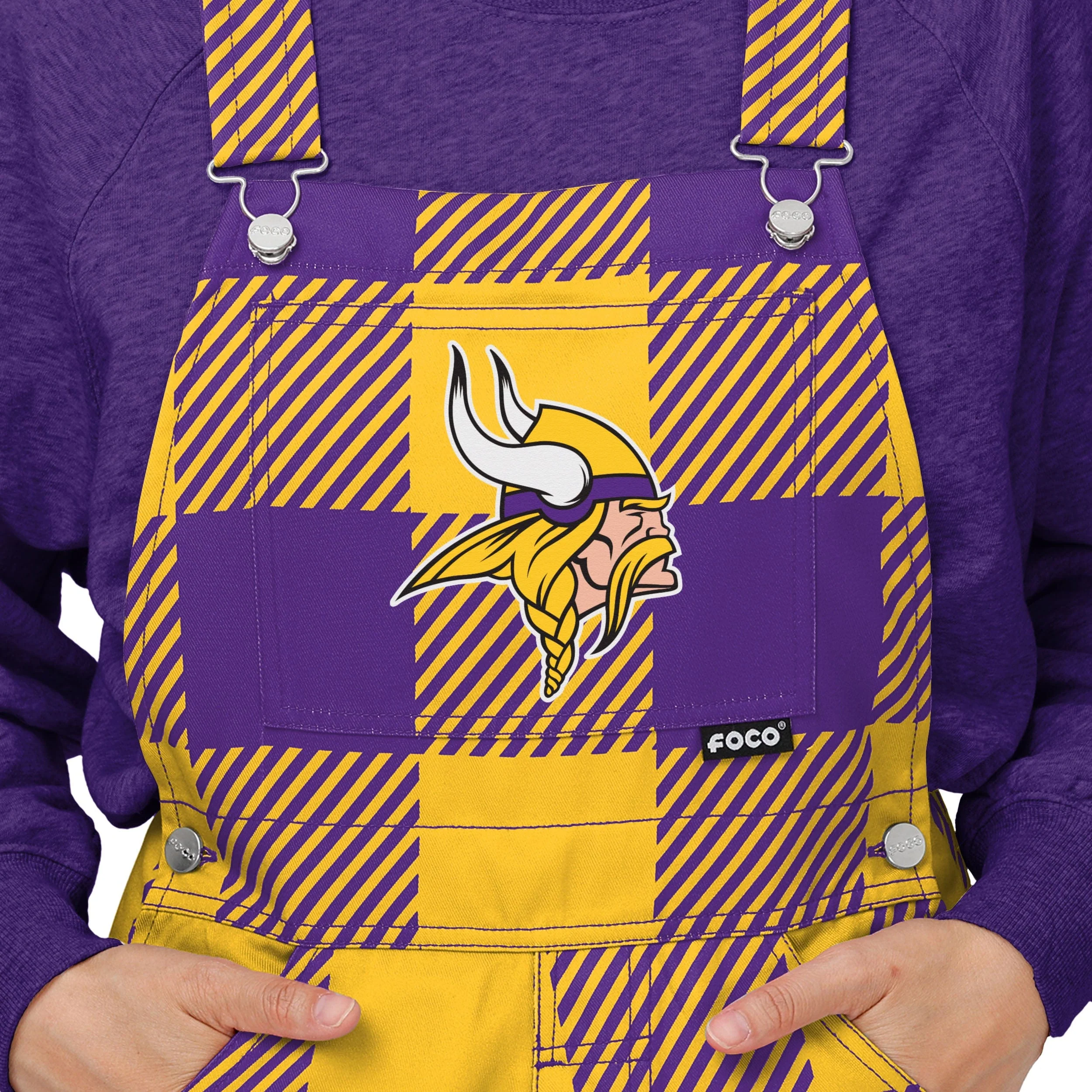 Minnesota Vikings NFL Womens Plaid Bib Overalls - Image 4