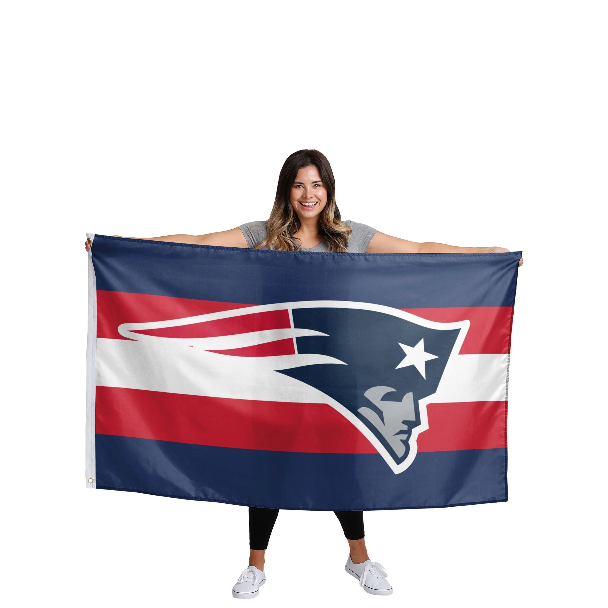 New England Patriots NFL Big Logo Team Stripe Horizontal Flag - Image 2