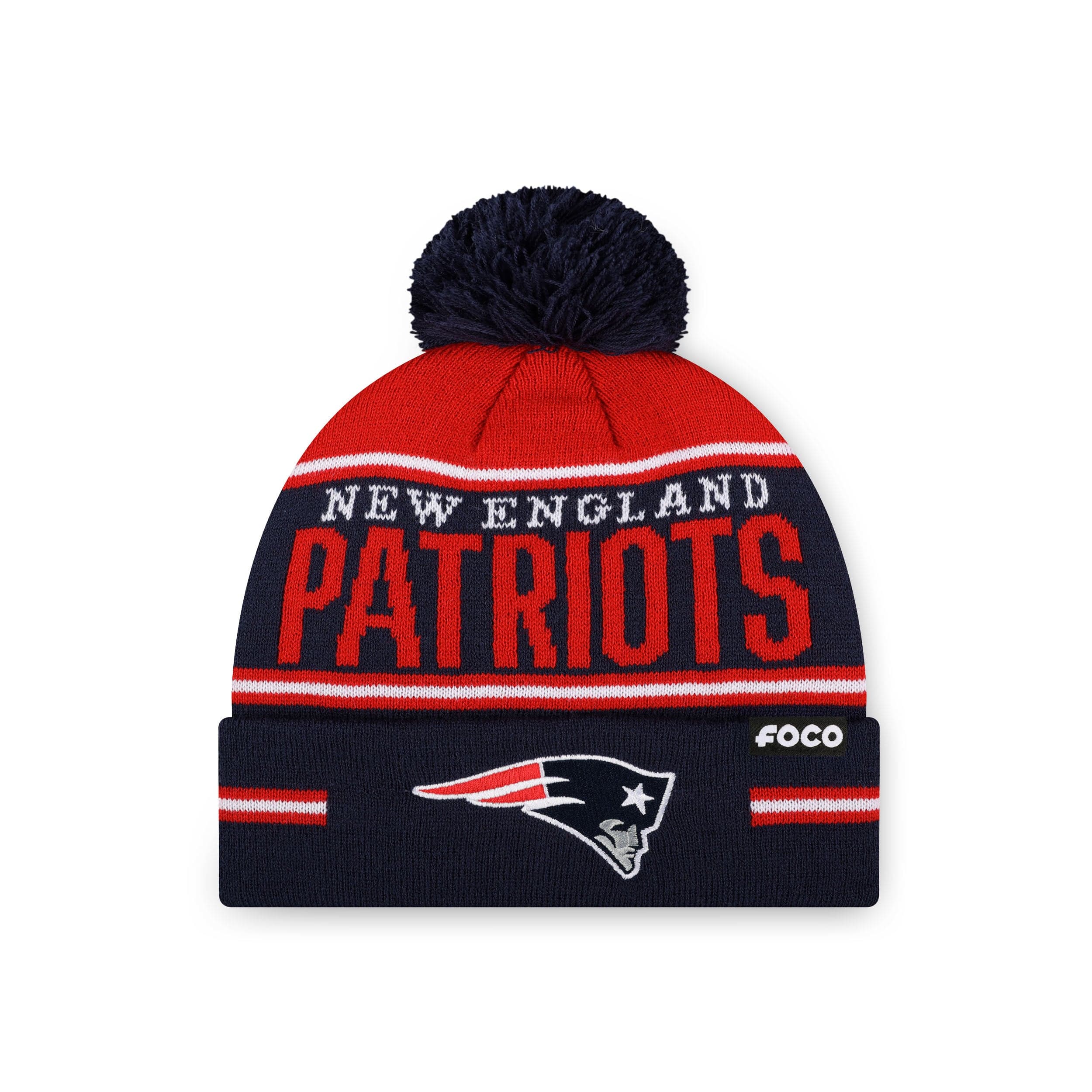 New England Patriots NFL Big Wordmark Stripe Pom Beanie