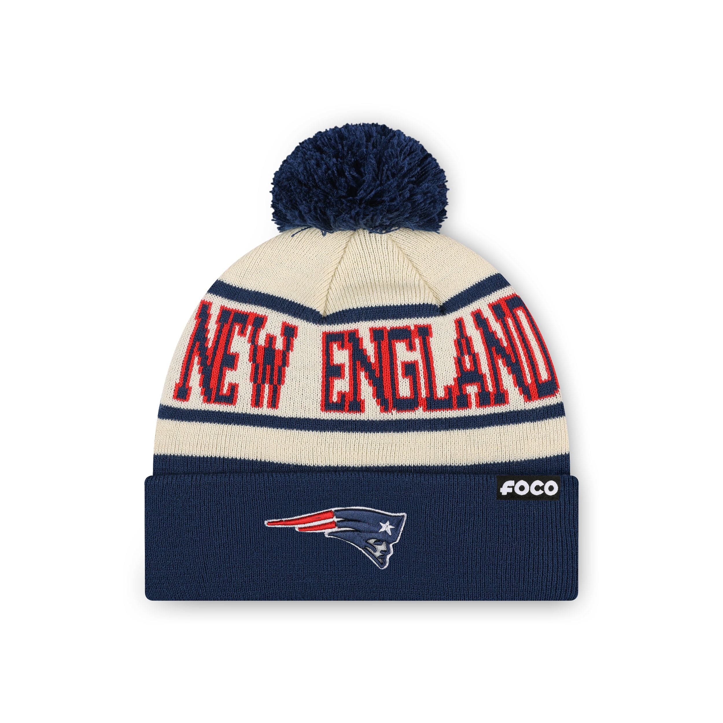 New England Patriots NFL Heritage Stripe Primary Logo Pom Beanie