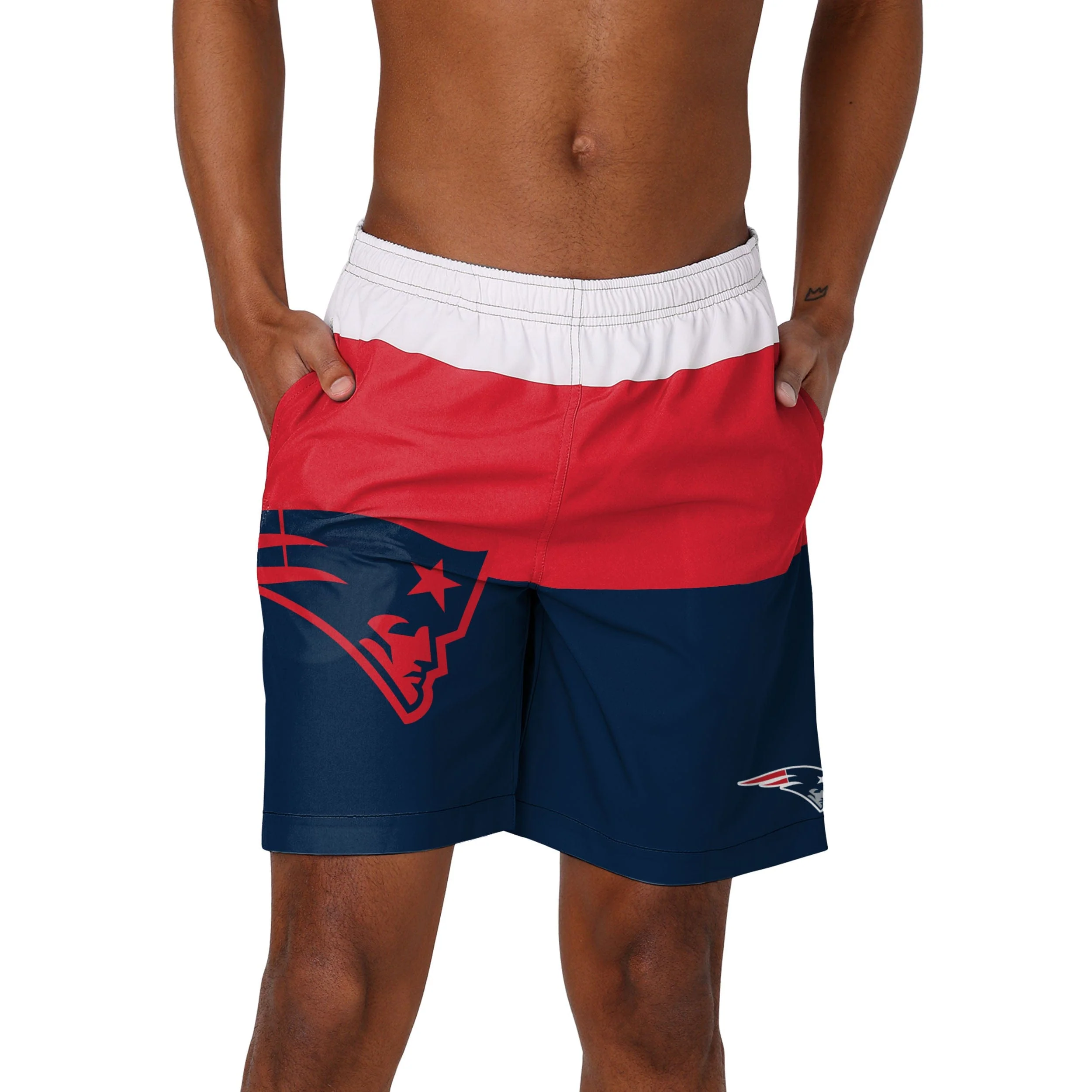 New England Patriots NFL Mens 3 Stripe Big Logo Swimming Trunks - Image 2