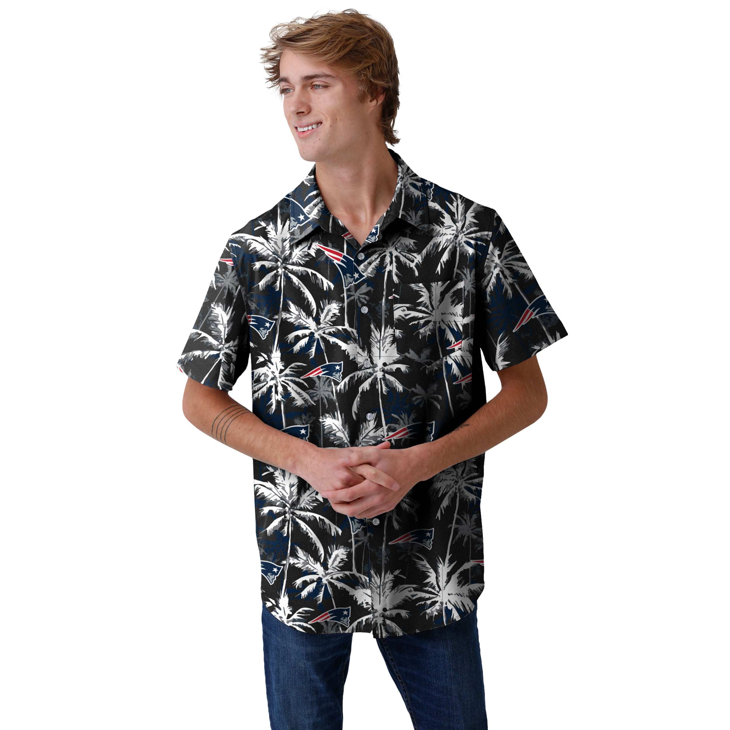 New England Patriots NFL Mens Black Floral Button Up Shirt - Image 2