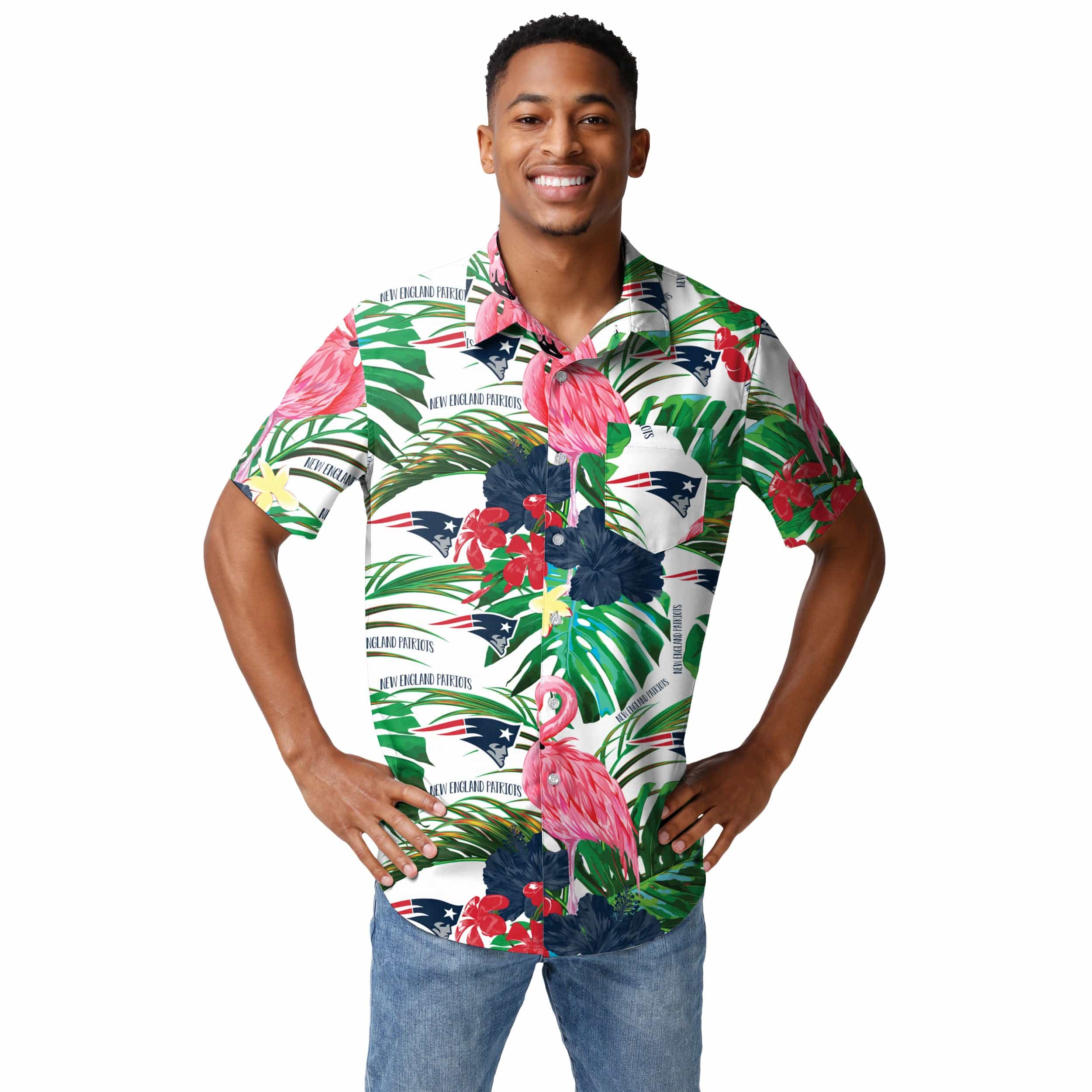 New England Patriots NFL Mens Flamingo Button Up Shirt - Image 2