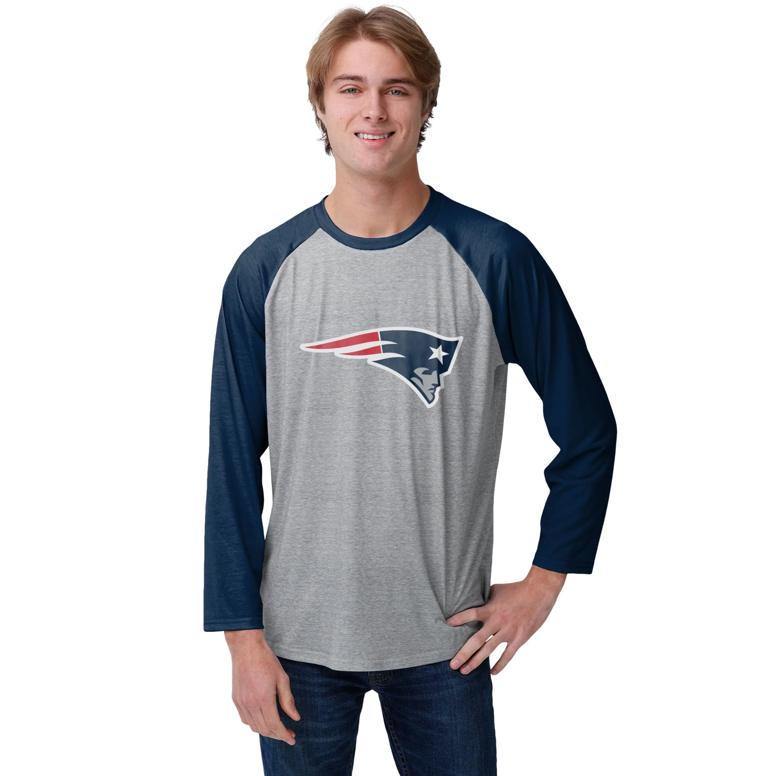 New England Patriots NFL Mens Gray Big Logo Raglan T-Shirt - Image 2