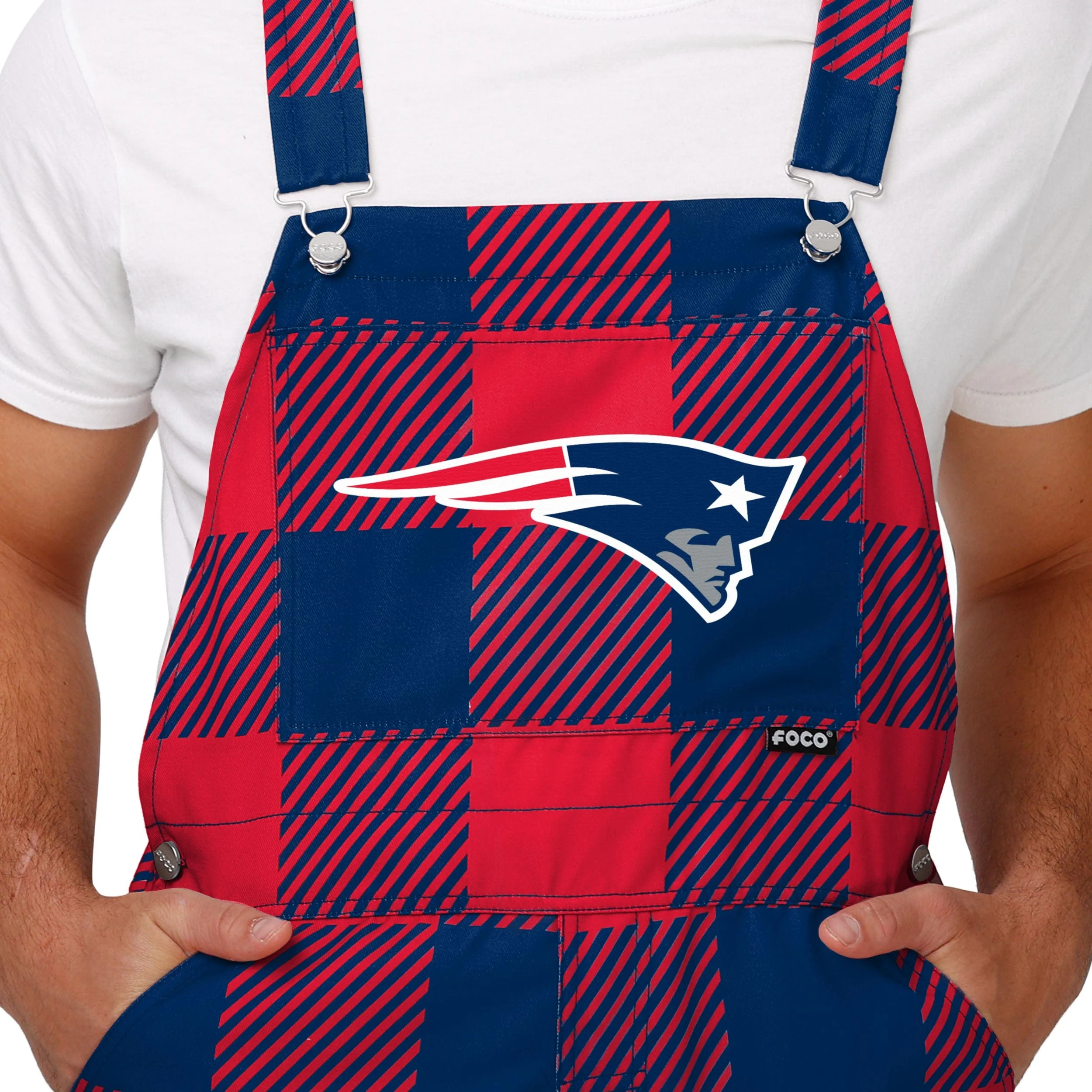 New England Patriots NFL Mens Plaid Bib Overalls - Image 4