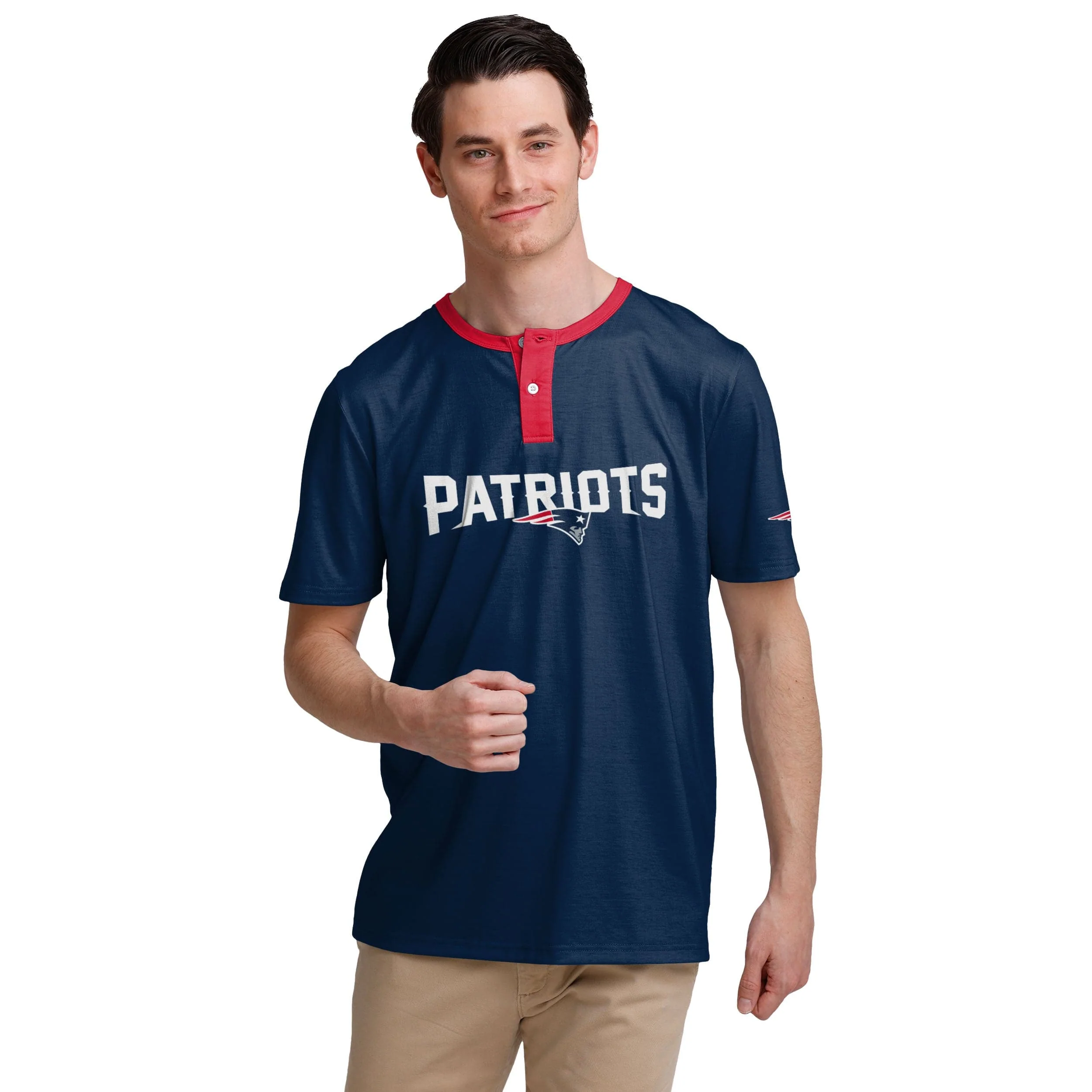 New England Patriots NFL Mens Solid Wordmark Short Sleeve Henley - Image 2