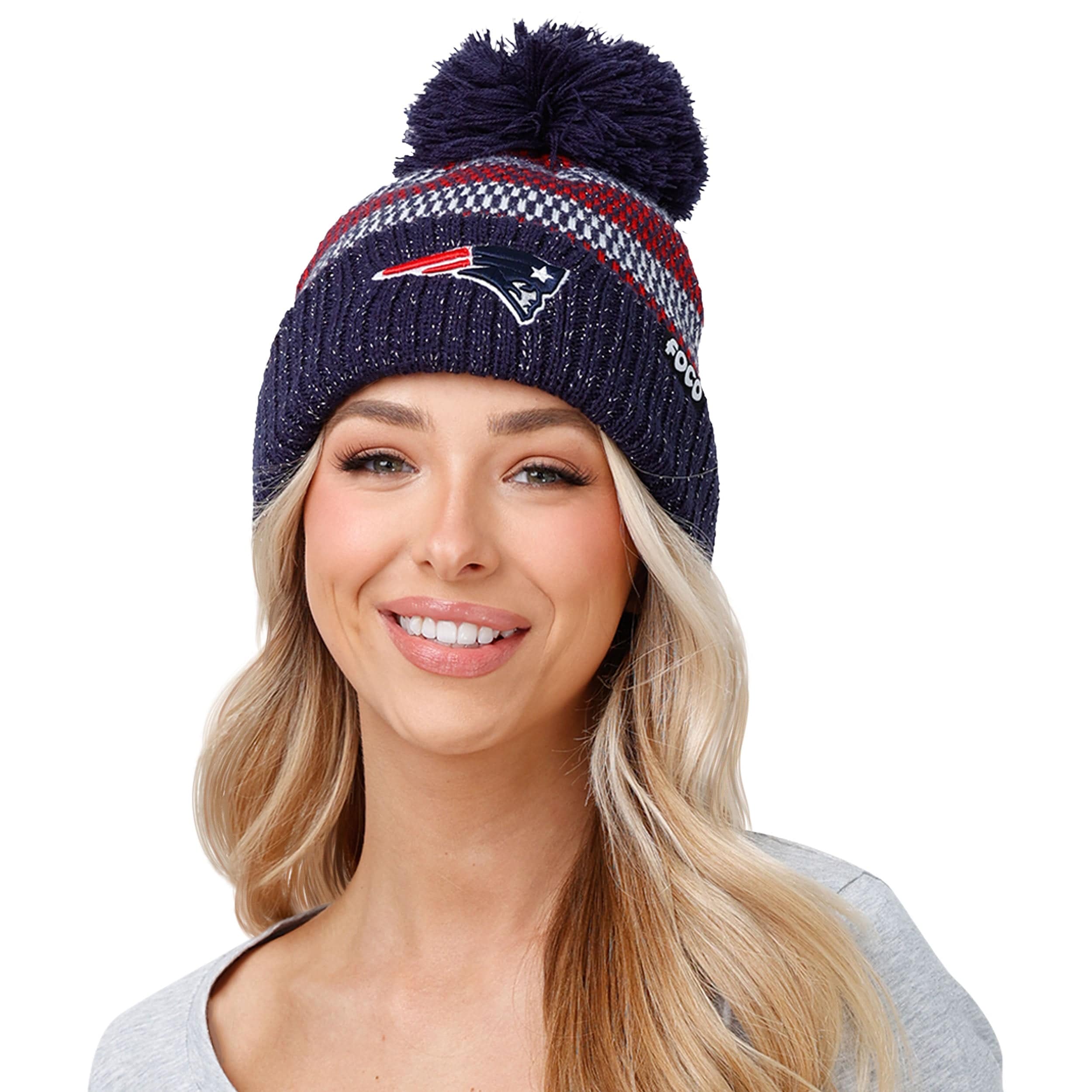 New England Patriots NFL Womens Cozy Knit Metallic Thread Pom Beanie - Image 3