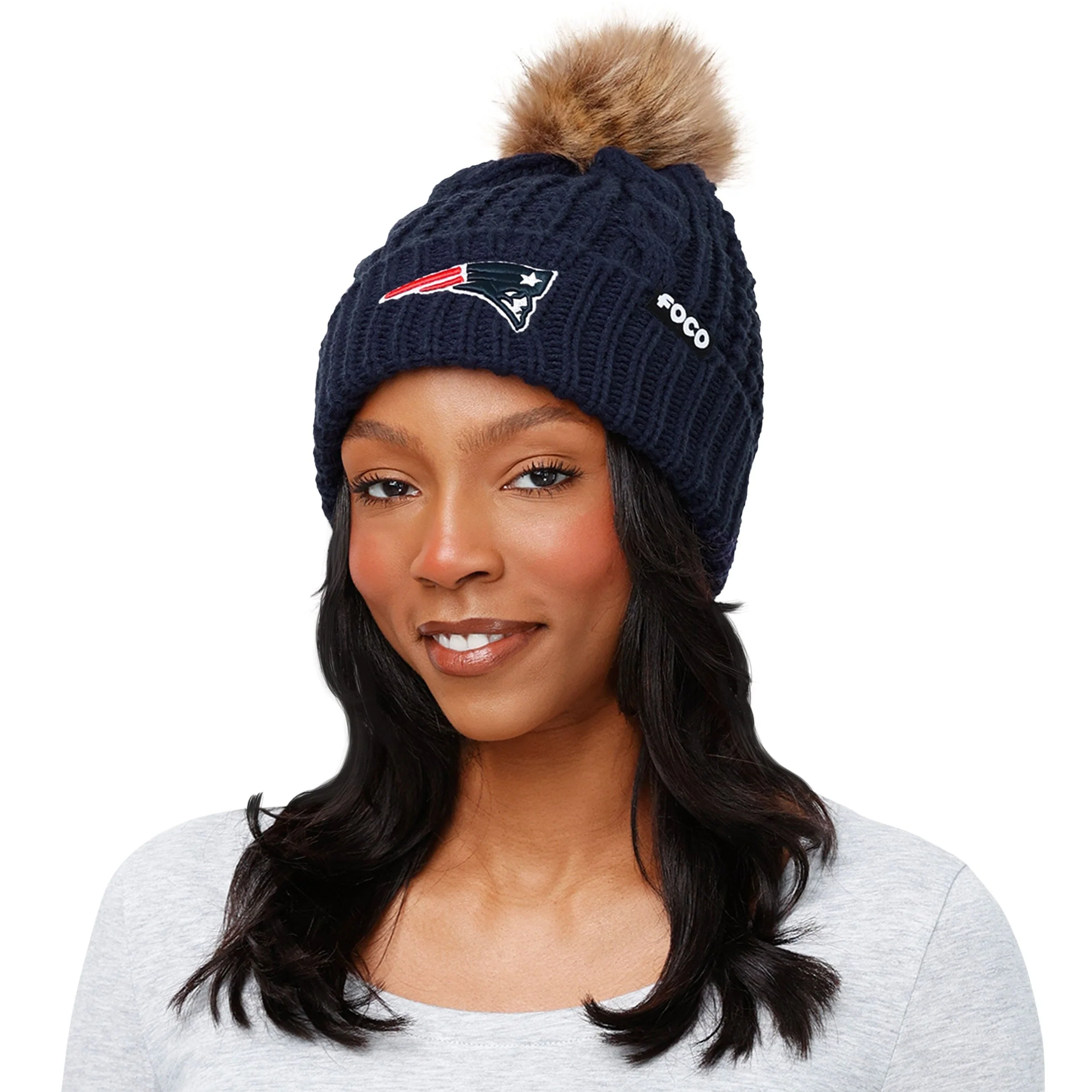 New England Patriots NFL Womens Faux Fur Pom Beanie - Image 3