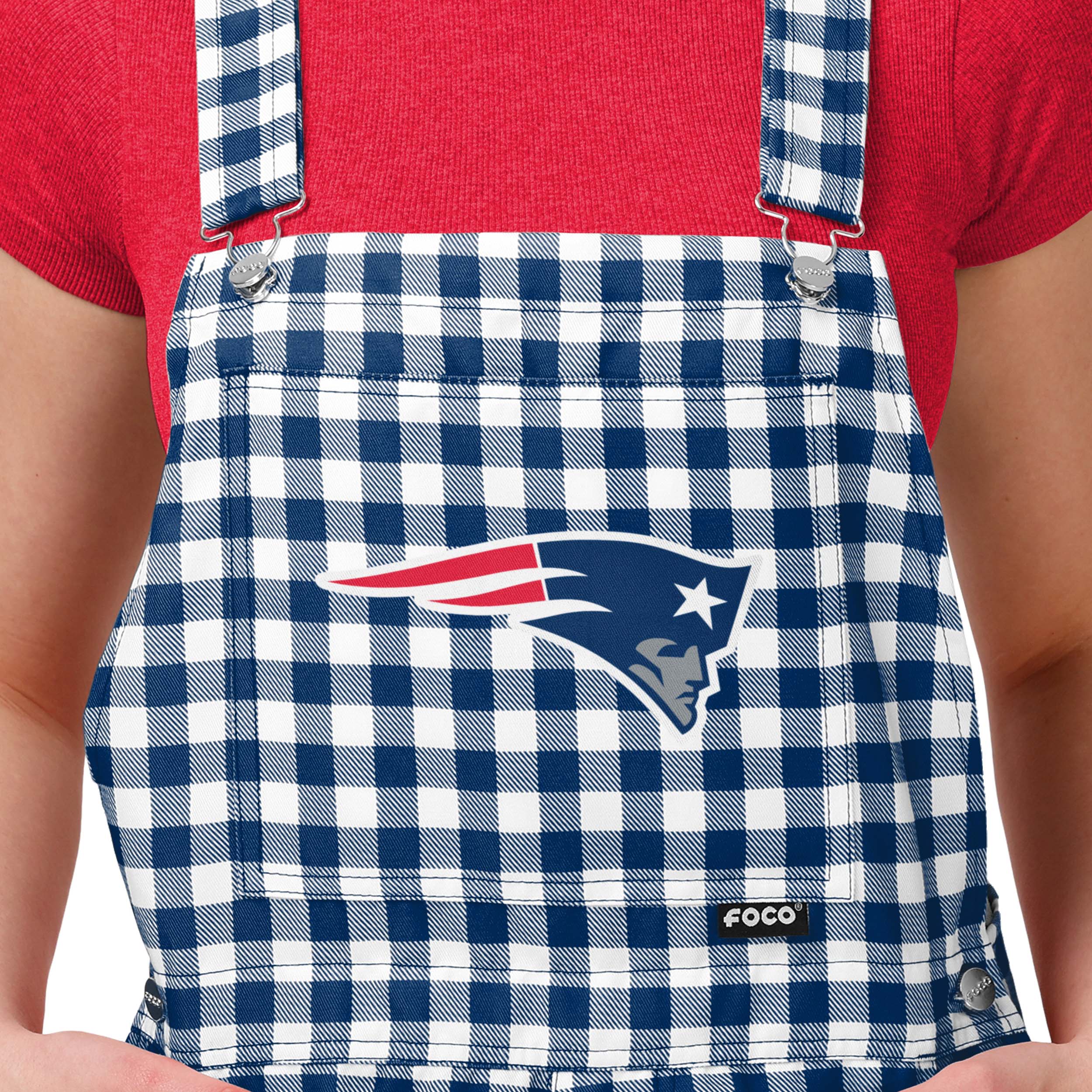 New England Patriots NFL Womens Gingham Check Bib Shortalls - Image 3